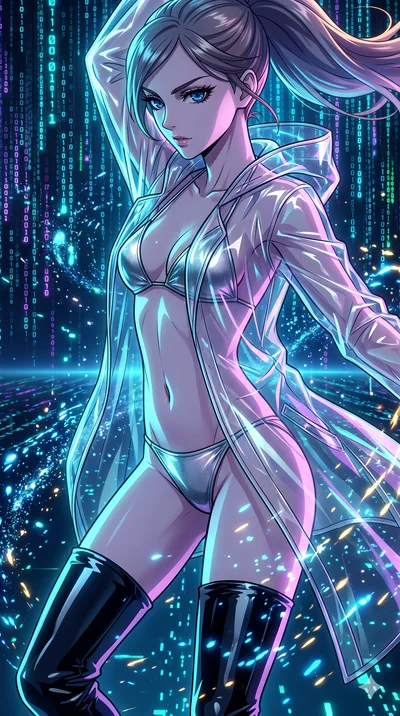 score_9, masterpiece, best quality, ultra-detailed, Set A: High-budget Anime Keyframe, Caucasian (strictly human ears) woman. Upper body close-up from the thighs up, character filling the screen for maximum presence. Dancing through a virtual reality