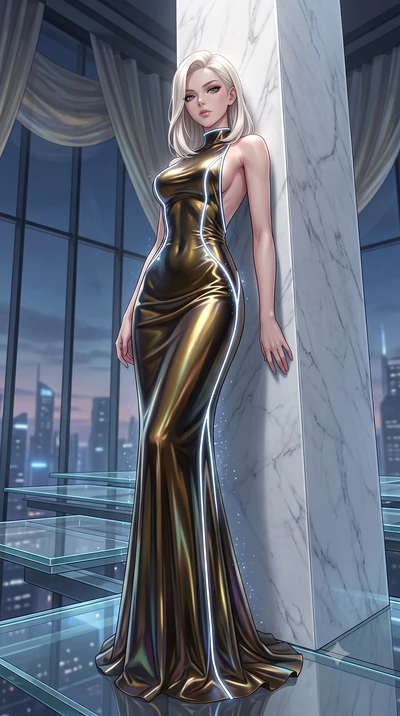 score_9, masterpiece, best quality, ultra-detailed, High-budget Anime Keyframe, Caucasian woman, strictly human ears. Low angle cowboy shot filling the entire 9:16 frame with her statuesque presence. Scenario 287: leaning against a cold marble pillar