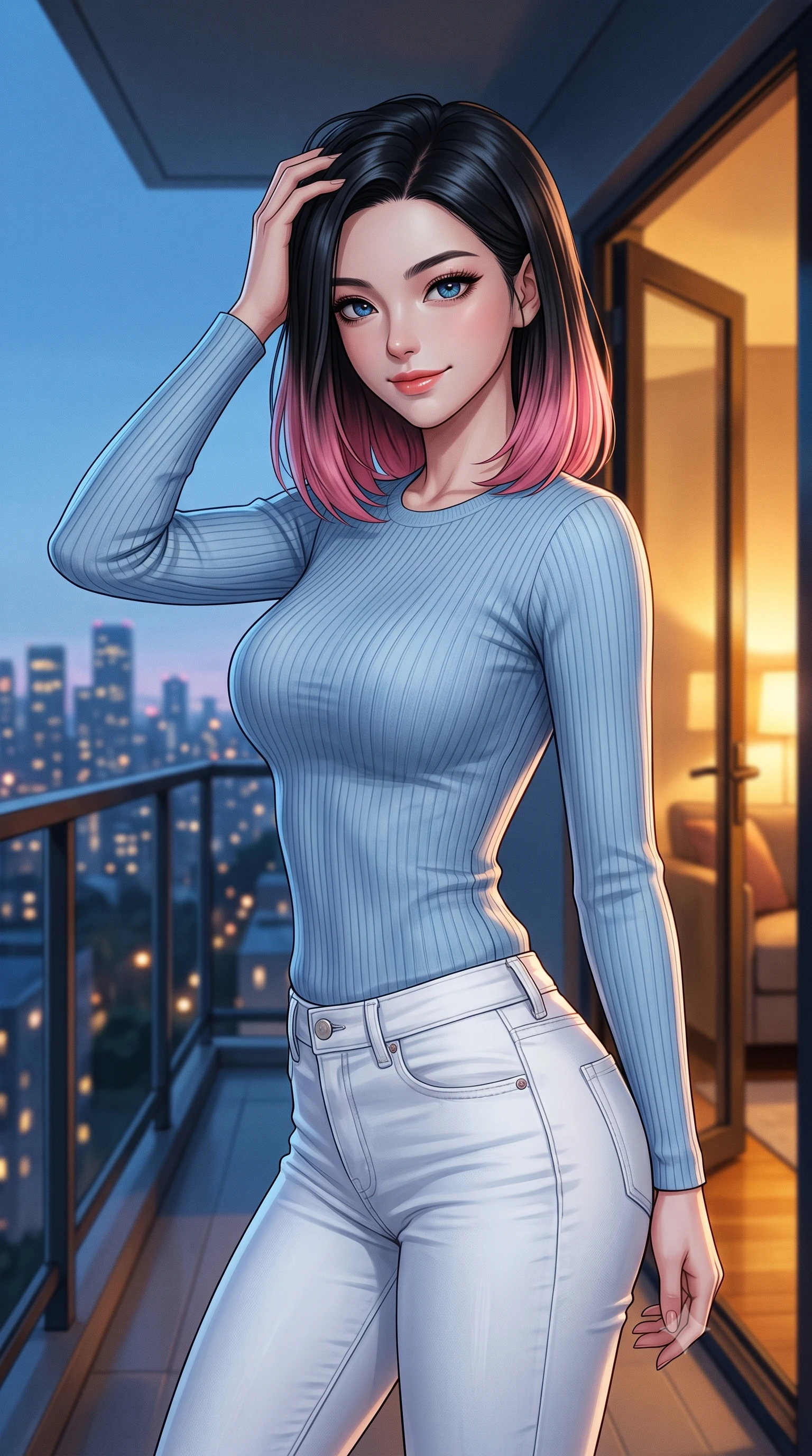 score_9, masterpiece, best quality, ultra-detailed, high-budget anime keyframe, editorial fashion photography, tasteful artistic composition, Korean woman woman. close-up cowboy shot from the waist and thighs up, the character dominates the composition, filling the frame with her large presence, background elements kept in soft focus. smiling with quiet, magnetic self-assurance directly into the camera, running a hand through her hair the background shows a soft-focus a modern apartment balcony overlooking a distant glittering city skyline at dusk. She has an exceptionally elegant, slender, and willowy female figure with an ultra-slim waist, a gracefully sculpted slender torso, and a refined silhouette. sharp v-shaped jawline, high-bridge nose, intricate jewel-like eyes with depth, thick eyelashes, glossy lips with a natural sheen. wearing a slim-fit body-hugging light blue ribbed long-sleeve top paired with tight white denim pants. the cool blue twilight sky contrasting with the warm golden lights of the room inside. 2k, ultra detail, master piece, 9:16 ratio