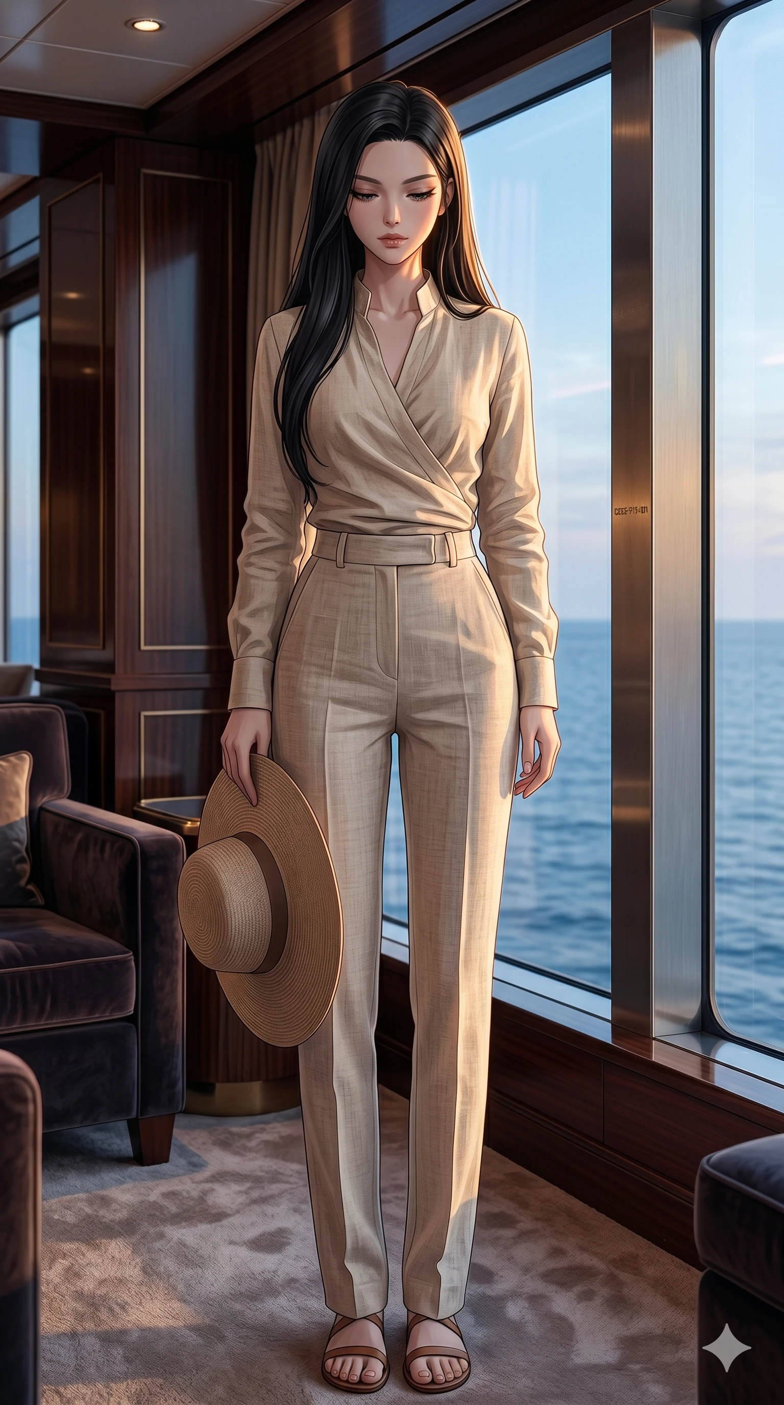 score_9, masterpiece, best quality, ultra-detailed, high-budget anime keyframe, editorial fashion photography, tasteful artistic composition, Korean woman. low angle full-body shot from head to toe showing her feet, filling the entire 9:16 vertical frame with her statuesque presence, stretching her vertical silhouette. holding a sun hat, looking down with lowered lashes in a composed, intellectual gesture inside a luxury cruise lounge with a large window showing a blue sea (Code-P19-051). She has an absolutely perfect 8-heads proportion, an exceptionally tall and slender female figure with impossibly long slender legs and an ultra-slim waist. V-shaped jawline, high-bridge nose, intricate jewel-like eyes with depth, thick eyelashes, glossy lips with a natural sheen. wearing a high-collar linen wrap shirt with long sleeves and matching linen pants. warm golden light from the beach bonfire, tracing the elegant curves of her neck. 2k, ultra detail, master piece, 9:16 ratio