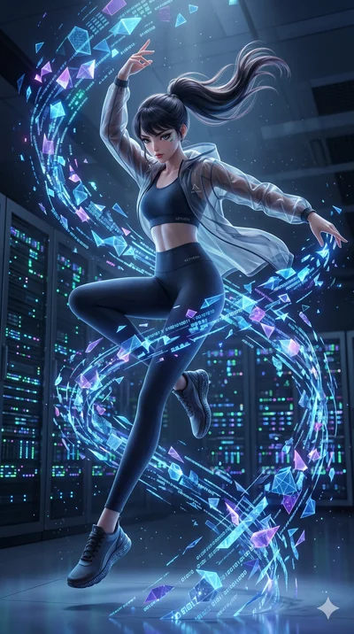 score_9, masterpiece, best quality, ultra-detailed, photorealistic 8k CG, hyper-detailed textures, ray-tracing, Japanese woman. Mid-air action shot capturing a graceful twist and vertical silhouette. summoning a whirlwind of glowing data-shards in a 