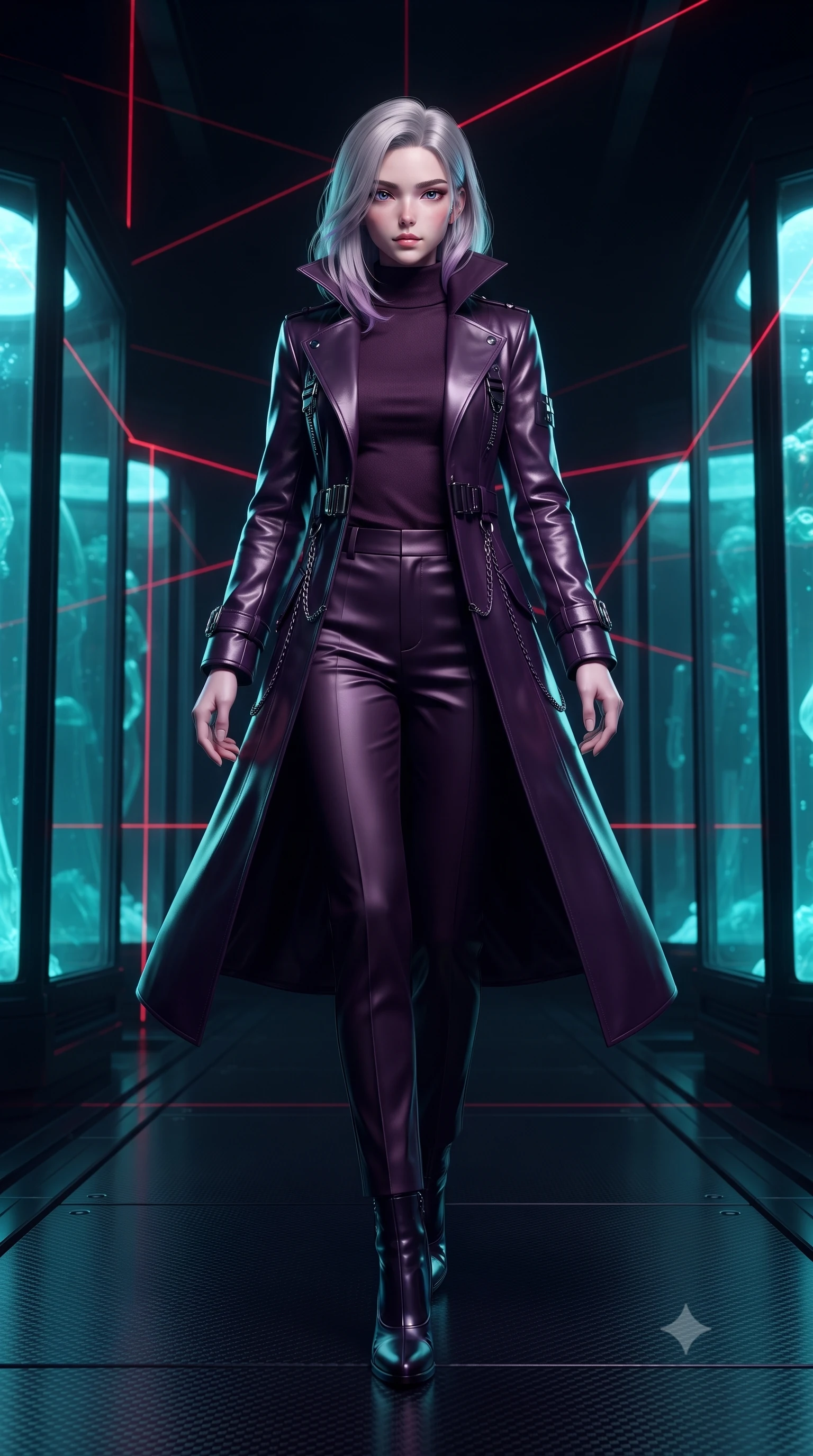 score_9, masterpiece, best quality, ultra-detailed, high-budget anime keyframe, editorial fashion photography, tasteful artistic composition, Caucasian woman. low angle full-body shot from head to toe showing her feet, filling the entire 9:16 vertical frame with her statuesque presence, stretching her vertical silhouette. navigating the midnight sanctuary with an effortless, graceful stride, poised on a dark carbon-fiber platform while laser calibration grids scan the room, glowing cyan stasis fluid casting ethereal inner glow through dark glass. She has an absolutely perfect, statuesque 8.5-heads proportion, an exceptionally tall and slender model-like female figure with impossibly long slender legs and an ultra-slim waist. sharp v-shaped jawline, high-bridge nose, intricate jewel-like eyes with depth, thick eyelashes, glossy lips with a natural sheen. wearing structured dark leather long coat over turtleneck and tailored slacks in dark plum violet, made of soft dark satin, framed by dark titanium buckles and silver chain details, accentuating her gracefully sculpted slender torso. surrounded by a cool cybernetic aura with intense edge lighting. ultra-reflective glossy finish, specular highlights, metallic sheen, high-contrast stereoscopic depth, volumetric dynamic lighting, 2k, ultra detail, master piece, 9:16 ratio