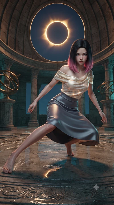 score_9, masterpiece, best quality, ultra-detailed, high-budget anime keyframe, editorial fashion photography, tasteful artistic composition, realistic cosplay photography, Korean woman. low angle full-body shot from head to toe showing her feet, fil