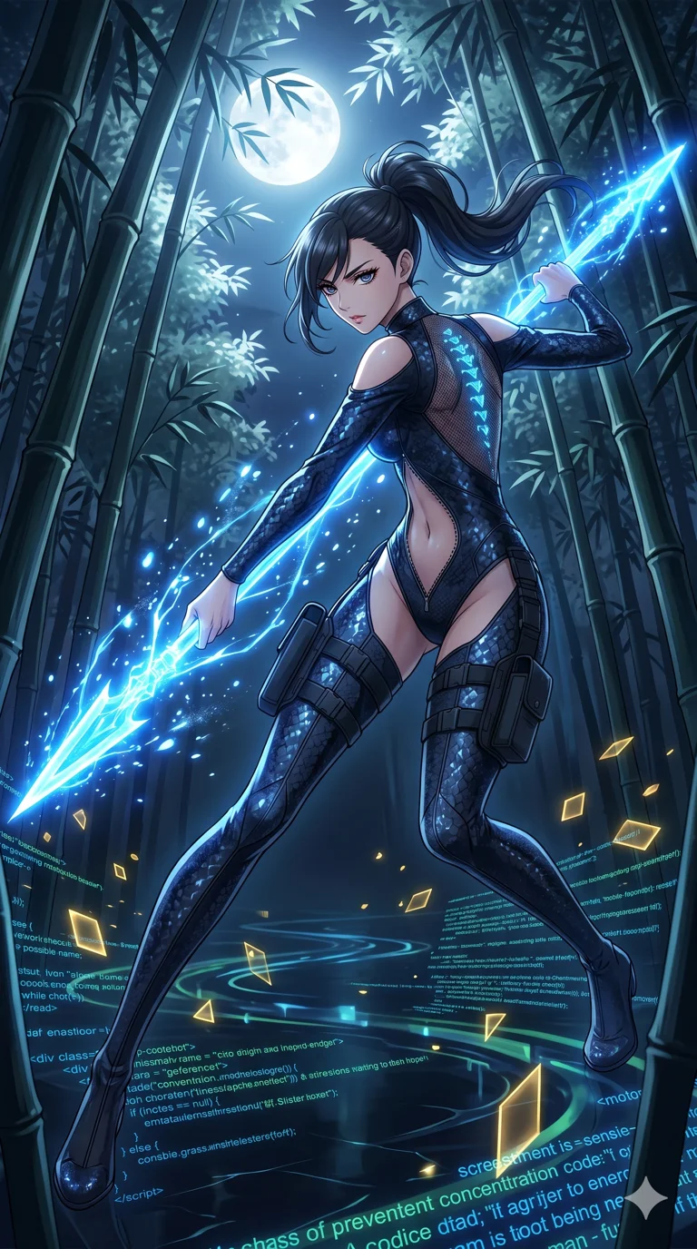score_9, masterpiece, best quality, ultra-detailed, High-budget Anime Keyframe, vibrant colors, fluid line-art, expressive lighting, cinematic composition, Ufotable-style visual effects, top-tier animation quality, Japanese woman with delicate and elegant anime-inspired features. Dynamic full-body shot stretching the vertical silhouette, capturing her from a powerful low-angle perspective. Training with a spear made of pure concentrated energy under the silver light of a full moon in a bamboo forest. She has an absolutely perfect 8-heads proportion, an exceptionally tall and slender female figure with impossibly long slender legs and an ultra-slim waist, her statuesque height and towering silhouette dominating the vertical 9:16 frame. Her face is a masterpiece featuring a sharp v-shaped jawline, high-bridge nose, intricate jewel-like eyes with depth, thick eyelashes, and glossy lips with a natural sheen. She is wearing a Sleek tactical leotard with thigh-high holsters, unzipped deeply to show her midriff crafted from Obsidian-glass scales that shimmer with a dark, crystalline brilliance, boasting shoulder cut-outs and a glowing spinal interface visible through the back. The scene is set in an abstract digital void with floating golden geometric shapes and rivers of flowing code, illuminated by ethereal moonlight filtering through a crystalline canopy, creating soft highlights. 2k, ultra detail, master piece, 9:16 ratio