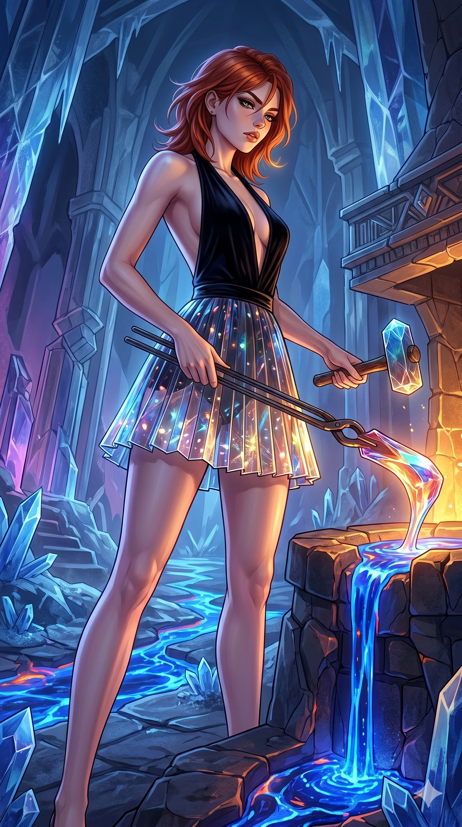 score_9, masterpiece, best quality, ultra-detailed, high-budget anime keyframe, Caucasian woman, strictly human ears. low angle full-body shot filling the entire 9:16 frame with her statuesque presence, stretching the vertical silhouette. forging in a prismatic ice-volcano temple where glowing cobalt-blue liquid magma flows between frozen blue ash crystals. She has an absolutely perfect 8-heads proportion, an exceptionally tall and slender female figure with impossibly long slender legs and an ultra-slim waist. V-shaped jawline, high-bridge nose, intricate jewel-like eyes with depth, thick eyelashes, glossy lips with a natural sheen.. wearing a fractal glass pleated skirt and a backless black velvet halter neck top, creating a dramatic and elegant silhouette. accented by dynamic color-blocked lighting with high-contrast shadows emphasizing her statuesque height. 2k, ultra detail, master piece, 9:16 ratio