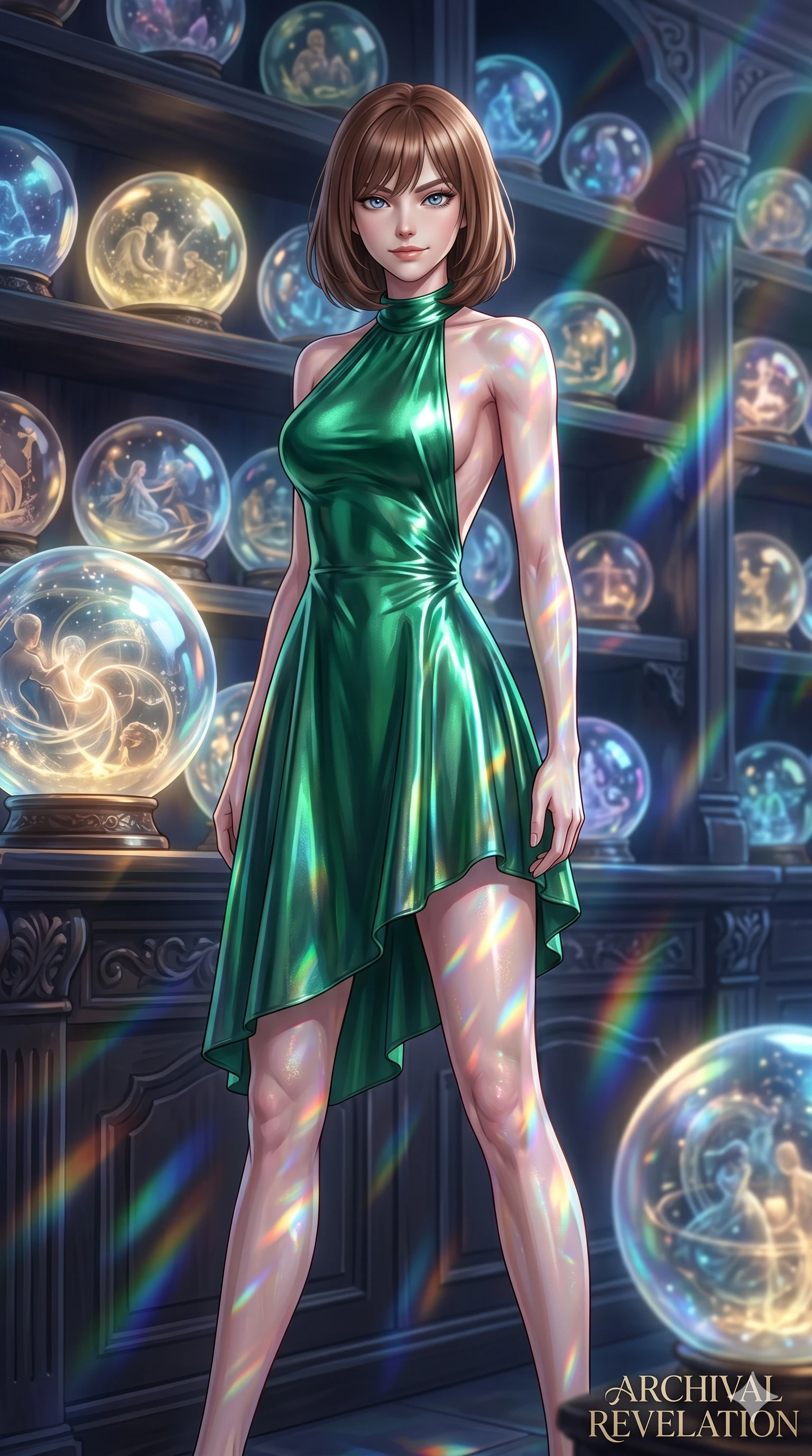 score_9, masterpiece, best quality, ultra-detailed, high-budget anime keyframe, editorial fashion photography, tasteful artistic composition, Caucasian woman, strictly human ears. cowboy shot from the thighs up, character and outfit filling the frame for maximum editorial presence. Raising one eyebrow with a confident, slightly amused expression, her posture steady inside a magical archive containing crystal globes that display memories of the past. She has an absolutely perfect 8-heads proportion, an exceptionally tall and slender female figure with impossibly long slender legs and an ultra-slim waist. V-shaped jawline, high-bridge nose, intricate jewel-like eyes with depth, thick eyelashes, glossy lips with a natural sheen. wearing a metallic emerald green halter dress with an open back and a fluid skirt that falls mid-thigh. illuminated by cascading rainbow prismatic light refracting through crystal, casting patterns on her skin. 2k, ultra detail, master piece, 9:16 ratio