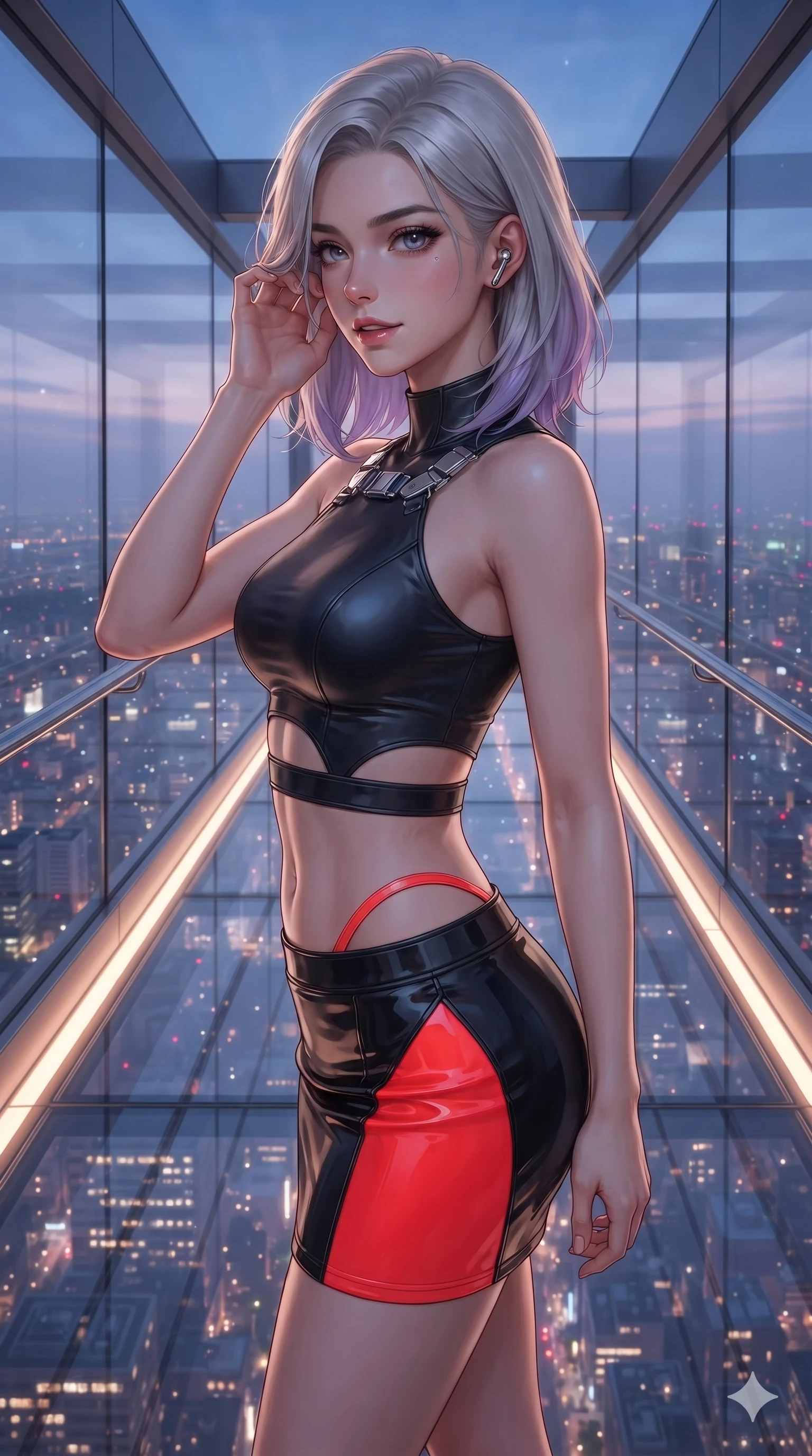 score_9, masterpiece, best quality, ultra-detailed, high-budget anime keyframe, editorial fashion photography, tasteful artistic composition, Caucasian woman. close-up cowboy shot from the waist and thighs up, the character dominates the composition, filling the frame with her large presence. arching her spine with dancer poise, one hand adjusting her ear comm-link in a flirtatious S-curve with parted glossy lips while walking slowly along the transparent glass skybridge, looking back over her shoulder with an air of effortless grace and an alluring, smoldering smile as the sprawling city glitters thousands of meters below. The surrounding environment is rendered in vivid detail and crisp panoramic clarity: detailed haute-couture tactical catsuit tailoring, polished chrome buckle hardware, and monumental futuristic bridge architecture in razor-sharp precision. She has an exceptionally elegant, slender, and willowy female figure with an ultra-slim waist, flat toned midriff, narrow ribcage, and sculpted feminine hips creating an alluring, slim hourglass silhouette without bulk. sharp v-shaped jawline, high-bridge nose, intricate jewel-like sparkling eyes with depth, thick eyelashes, glossy parted lips with a natural sheen, bright confident smile with an enchanting and coquettish sensual glint, exuding both youthful magnetic charm and sovereign high-tech allure, flawlessly proportioned anatomical accuracy, strict slender model proportions, natural body alignment, perfectly sculpted long slender limbs, ultra-slim waistline, clean dynamic posture without body distortion. wearing a body-hugging modern carbon-alloy crop top paired with a low-rise tactical skirt and a subtle waist cut-out in midnight black lacquer and vibrant scarlet neon, made of fluid liquid jersey with seamless sculpting hold and smooth contours, finished with high-tension magnetic quick-release clasps glinting along her collarbones, the form-contouring cut accentuating her sculpted flat midriff, narrow delicate ribcage, and gracefully curvy hips with cybernetic supermodel precision. bathed in the ethereal twilight skyglow combined with warm under-rail LED strip lighting and glittering city reflections from below. ultra-reflective glossy finish, specular highlights, rich textural contrasts, high-contrast stereoscopic depth, volumetric dynamic lighting, 2k, ultra detail, master piece, 9:16 ratio
