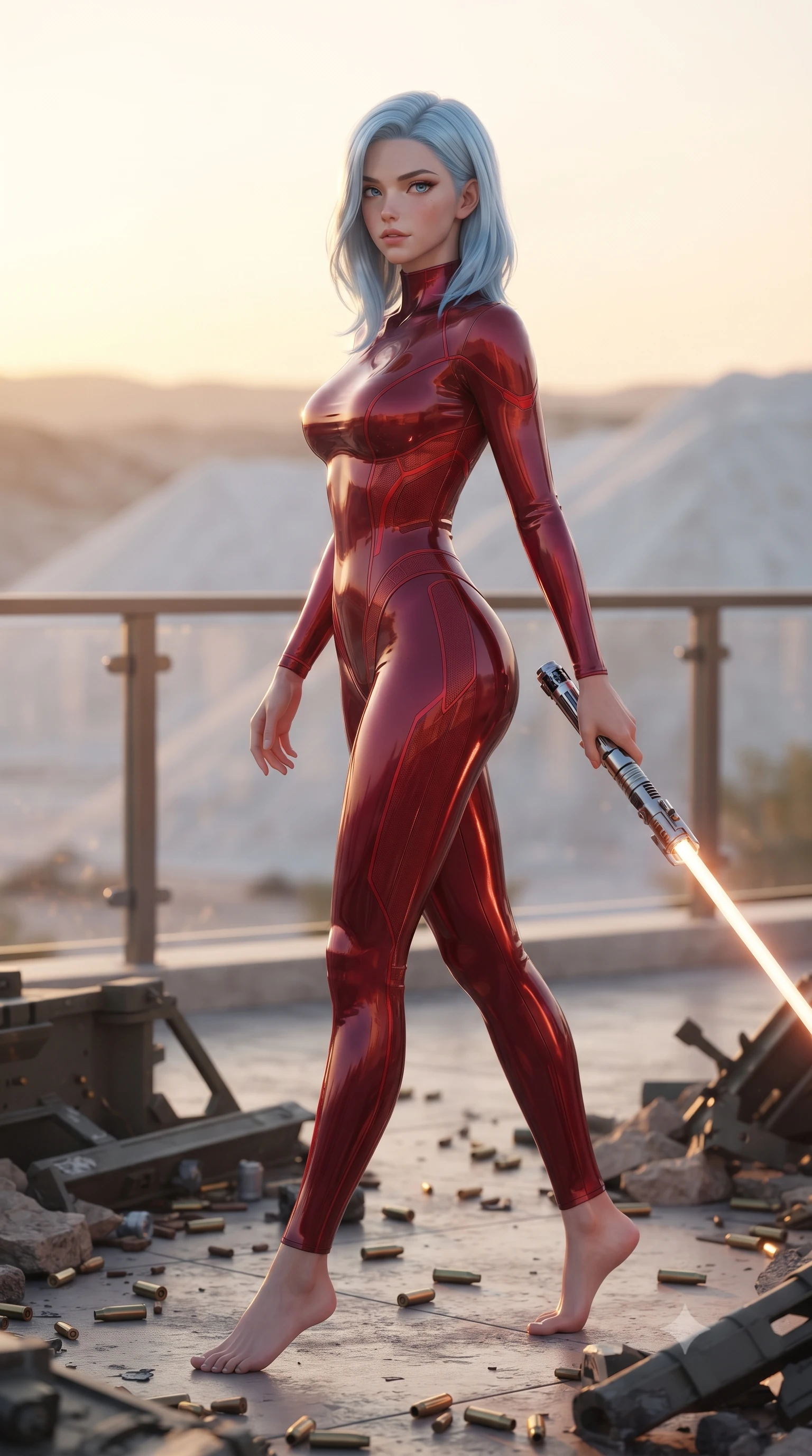 score_9, masterpiece, best quality, ultra-detailed, high-budget anime keyframe, editorial fashion photography, tasteful artistic composition, Korean woman. low angle full-body shot from head to toe showing her feet, filling the entire 9:16 vertical frame with her statuesque presence, stretching her vertical silhouette. stepping gracefully through battlefield debris with a glowing saber hilt in hand, looking back over her shoulder, the background shows a soft-focus a desert villa balcony with glass railings overlooking white salt hills. She has an absolutely perfect, statuesque 8.5-heads proportion, an exceptionally tall and slender model-like female figure with impossibly long slender legs and an ultra-slim waist. sharp v-shaped jawline, high-bridge nose, intricate jewel-like eyes with depth, thick eyelashes, glossy lips with a natural sheen. wearing a body-hugging form-contouring high-neck bodycon suit in deep crimson, contouring her athletic build like a second skin. warm golden hour sunset tracing her silhouette with a soft glowing rim light. ultra-reflective glossy finish, specular highlights, metallic sheen, high-contrast stereoscopic depth, volumetric dynamic lighting, 2k, ultra detail, master piece, 9:16 ratio
