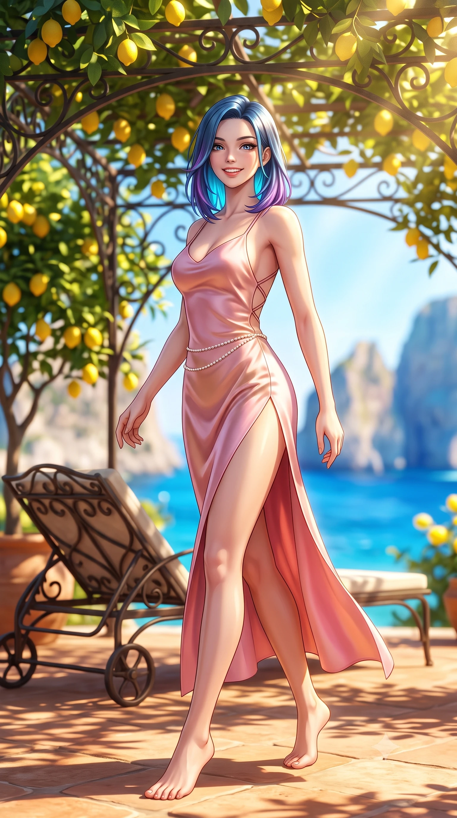 score_9, masterpiece, best quality, ultra-detailed, high-budget anime keyframe, semi-realistic 3D game render, editorial fashion photography, tasteful artistic composition, Caucasian woman. low angle full-body shot from head to toe showing her feet, filling the entire 9:16 vertical frame with her statuesque presence, stretching her vertical silhouette. stepping forward gracefully in mid-motion with a radiant beaming smile, hips swaying in an alluring kinetic rhythm that accentuates her curvy hourglass silhouette and long slender legs while reclining on a vintage wrought-iron sunbed under the leafy lemon canopy, her long slender legs and feminine curves bathed in golden light. The composition keeps background elements in soft focus with dreamy creamy bokeh. sun-drenched cobalt Mediterranean sea and dramatic Capri limestone cliffs blurred into radiant sapphire, turquoise, and lemon-yellow bokeh. She has an exceptionally tall and slender model-like 8.5-heads proportion, an ultra-slim waist, a flat toned midriff, narrow delicate ribcage, and beautifully sculpted feminine hips creating a graceful, slim hourglass silhouette without any bulky heaviness, with impossibly long slender legs. sharp v-shaped jawline, high-bridge nose, intricate jewel-like sparkling eyes with depth, thick eyelashes, glossy parted lips with a natural peach sheen, bright cheerful beaming smile with an enchanting and coquettish sensual glint, exuding both youthful cute charm and seductive allure, flawlessly proportioned anatomical accuracy, strict slender model proportions, natural body alignment, perfectly sculpted long slender limbs, ultra-slim waistline, clean dynamic posture without body distortion. wearing a breezy silk-satin slip dress featuring a thigh-high side slit ascending to the high hip and criss-cross back straps in cherry blossom pink and soft rose gold, crafted from liquid-tight stretch jersey emphasizing every curve, accented with a dainty pearl waist chain catching the ambient sunlight, the high-waisted tailoring accentuating her ultra-slim waistline and the enchanting curve of her feminine hips with alluring charm. bathed in brilliant Mediterranean golden hour sunlight dappled through lush lemon tree leaves. highly saturated vibrant anime colors, detailed shading with soft gradients, rich glossy textures, high-contrast stereoscopic depth, volumetric dynamic lighting, master piece, 9:16 ratio