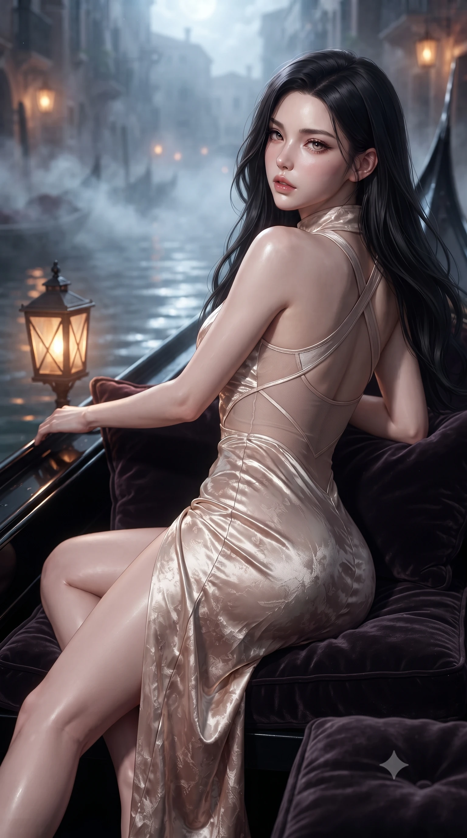 score_9, masterpiece, best quality, ultra-detailed, high-budget anime keyframe, editorial fashion photography, tasteful artistic composition, Korean woman. close-up cowboy shot from the waist and thighs up, the character dominates the composition, filling the frame with her large presence. twisting her slender torso in a deep contrapposto stance, hips dramatically shifted to accentuate her feminine curves while looking past her shoulder with smoldering bedroom-eyes while reclining on her side across the velvet cushions of a sleek black gondola, arching her lower back with one slender leg extended as moonlit canal ripples mirror her curvy hips. The composition keeps background elements in soft focus with creamy bokeh. swirling canal mist and flickering lantern glows softened in romantic shallow focus. She has an exceptionally elegant, slender, and willowy female figure with an ultra-slim waist, flat toned midriff, narrow ribcage, and sculpted feminine hips creating an alluring, slim hourglass silhouette without bulk. sharp v-shaped jawline, high-bridge nose, intricate jewel-like eyes with depth, thick eyelashes, glossy parted lips with a natural sheen, intensely captivating and seductive bedroom-eyes expression, flawlessly proportioned anatomical accuracy, strict slender model proportions, natural body alignment, perfectly sculpted long slender limbs, ultra-slim waistline, clean dynamic posture without body distortion. wearing a wet-look silk fusion wrap dress with asymmetrical sheer mesh cutouts and high Mandarin collar in vintage champagne ivory and delicate rose gold, crafted from heavyweight crushed silk velvet with liquid vintage luster, finished with criss-cross back satin straps highlighting her graceful shoulder blades, the form-contouring material adhering flawlessly to her sculpted flat midriff and slender torso, emphasizing her long leg lines and perfectly proportioned willowy build. bathed in cool silver full-moon light streaming from above and warm amber gondola lantern uplights. ultra-reflective glossy finish, specular highlights, rich textural contrasts, high-contrast stereoscopic depth, volumetric dynamic lighting, 2k, ultra detail, master piece, 9:16 ratio
