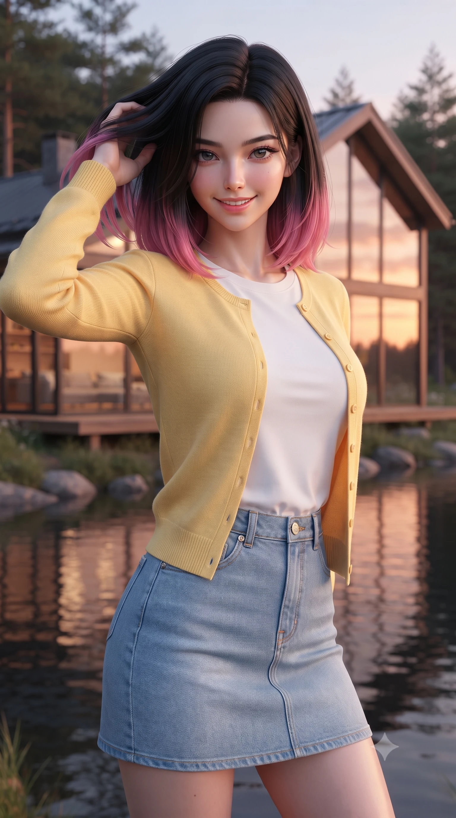 score_9, masterpiece, best quality, ultra-detailed, high-budget anime keyframe, editorial fashion photography, tasteful artistic composition, Korean woman woman. close-up cowboy shot from the waist and thighs up, the character dominates the composition, filling the frame with her large presence, background elements kept in soft focus. smiling with quiet, magnetic self-assurance directly into the camera, running a hand through her hair the background shows a soft-focus a modern house built of glass and wood, sitting on the edge of a calm forest lake. She has an exceptionally elegant, slender, and willowy female figure with an ultra-slim waist, a gracefully sculpted slender torso, and a refined silhouette. sharp v-shaped jawline, high-bridge nose, intricate jewel-like eyes with depth, thick eyelashes, glossy lips with a natural sheen. wearing a slim-fit soft yellow cardigan over a white t-shirt and light blue denim skirt. the orange and pink reflection of the sunset on the glass walls and lake surface. ultra-reflective glossy finish, specular highlights, metallic sheen, high-contrast stereoscopic depth, volumetric dynamic lighting, 2k, ultra detail, master piece, 9:16 ratio