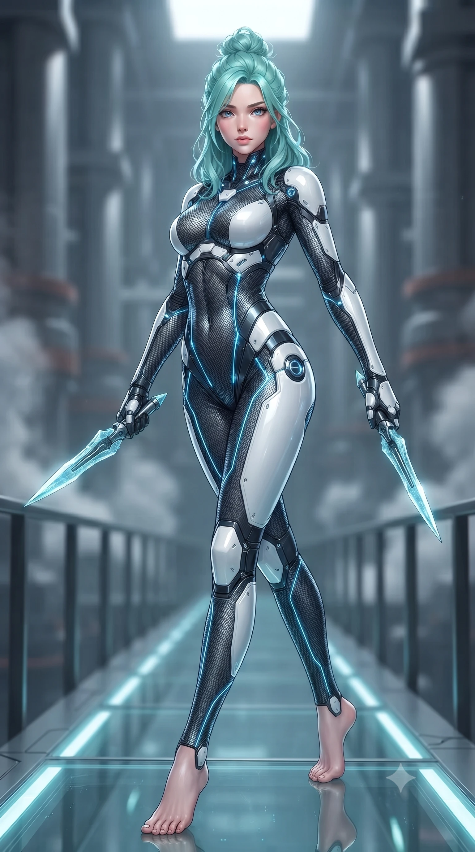 score_9, masterpiece, best quality, ultra-detailed, high-budget anime keyframe, editorial fashion photography, tasteful artistic composition, Japanese woman. low angle full-body shot from head to toe showing her feet, filling the entire 9:16 vertical frame with her statuesque presence, stretching her vertical silhouette. pivoting dynamically in mid-motion with a breathtakingly alluring posture, displaying her flawless model proportions, toned flat midriff, and ultra-slim waist while stepping along a glowing glass conduit bridge with energy bow held at her side, gazing forward with divine focus. The composition keeps background elements in soft focus with creamy bokeh. industrial reactor support pillars and steam condensation vents softened in dreamy atmospheric depth. She has an absolutely perfect, statuesque 8.5-heads proportion, an exceptionally tall and slender model-like female figure with impossibly long slender legs, a toned flat midriff, and an ultra-slim waist. sharp v-shaped jawline, high-bridge nose, intricate jewel-like eyes with depth, thick eyelashes, glossy lips with a natural sheen, flawlessly proportioned anatomical accuracy, strict slender model proportions, natural body alignment, perfectly sculpted long slender limbs, ultra-slim waistline, clean dynamic posture without body distortion. wearing an aerodynamic dark titanium carbon-mesh jumper with glowing blue fiber lines, holding twin chrome vibro-daggers with deadly supermodel poise in glacial ice-cyan carbon mesh with pure white armor plates, formed from high-gloss patent carbon-plating with specular chiaroscuro reflections, finished with high-mobility articulation joints and miniature magnetic armor locks, the sleek second-skin cut tightly hugging her graceful clavicle, narrow waist, and feminine curves with athletic precision. illuminated by crisp white key lighting with sharp specular highlights tracing her slender curves. ultra-reflective glossy finish, specular highlights, dark metallic sheen, high-contrast stereoscopic depth, volumetric dynamic lighting, 2k, ultra detail, master piece, 9:16 ratio