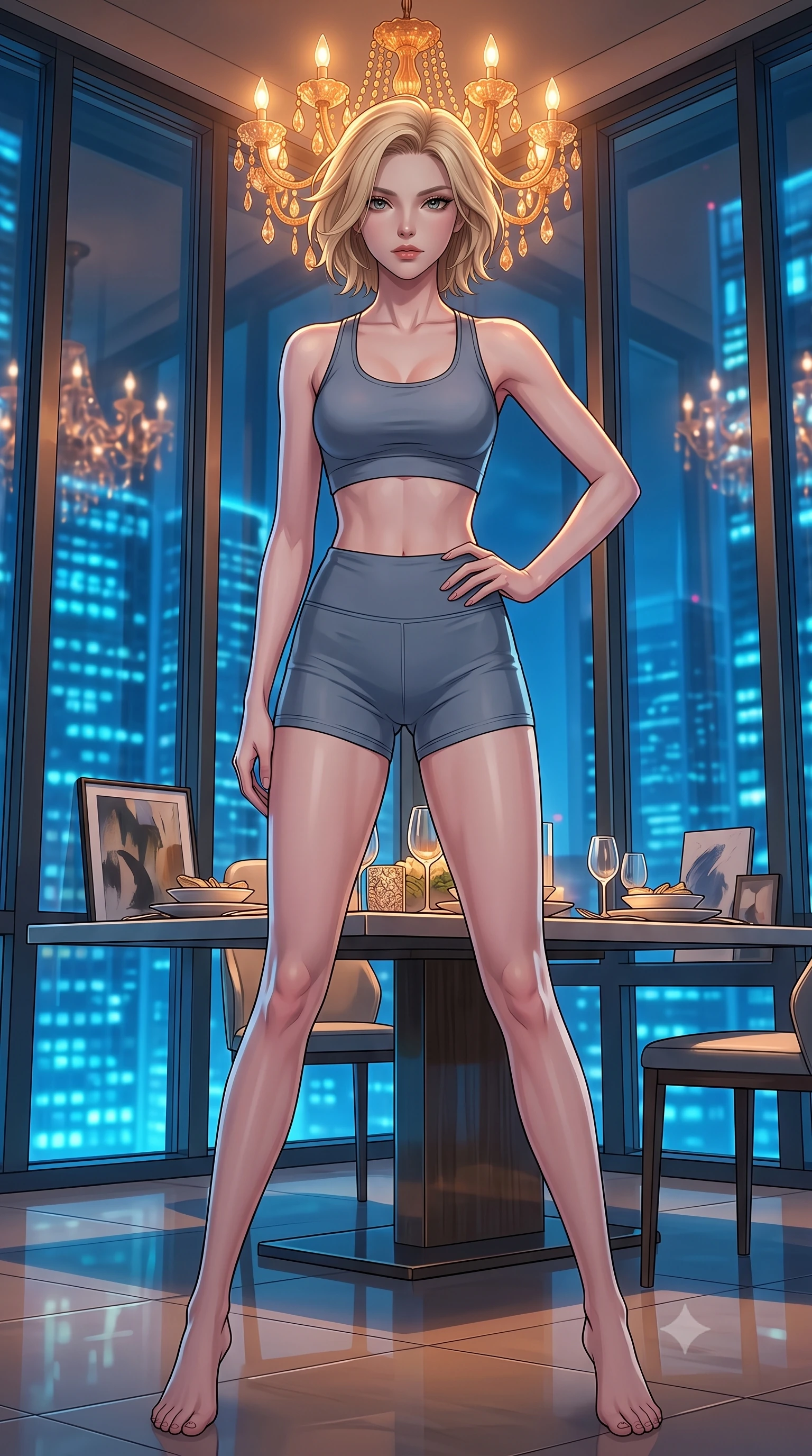 score_9, masterpiece, best quality, ultra-detailed, high-budget anime keyframe, tasteful artistic composition, Caucasian woman. low angle full-body shot from head to toe showing her feet, filling the entire 9:16 vertical frame with her statuesque presence, stretching her vertical silhouette. posing confidently with one hand on her hip, stretching her statuesque body to emphasize her curves the background shows a soft-focus an intimate dining nook in a high-rise loft facing floor-to-ceiling glass windows. She has an absolutely perfect, statuesque 8.5-heads proportion, an exceptionally tall and slender model-like female figure with impossibly long slender legs and an ultra-slim waist. sharp v-shaped jawline, high-bridge nose, intricate jewel-like eyes with depth, thick eyelashes, glossy lips with a natural sheen. wearing a body-hugging body-hugging athletic crop top and high-waisted shorts set in slate grey. warm amber lights from the chandelier contrasting with the neon blue city glow outside. highly saturated vibrant anime colors, cel-shading, 2d style, master piece, 9:16 ratio