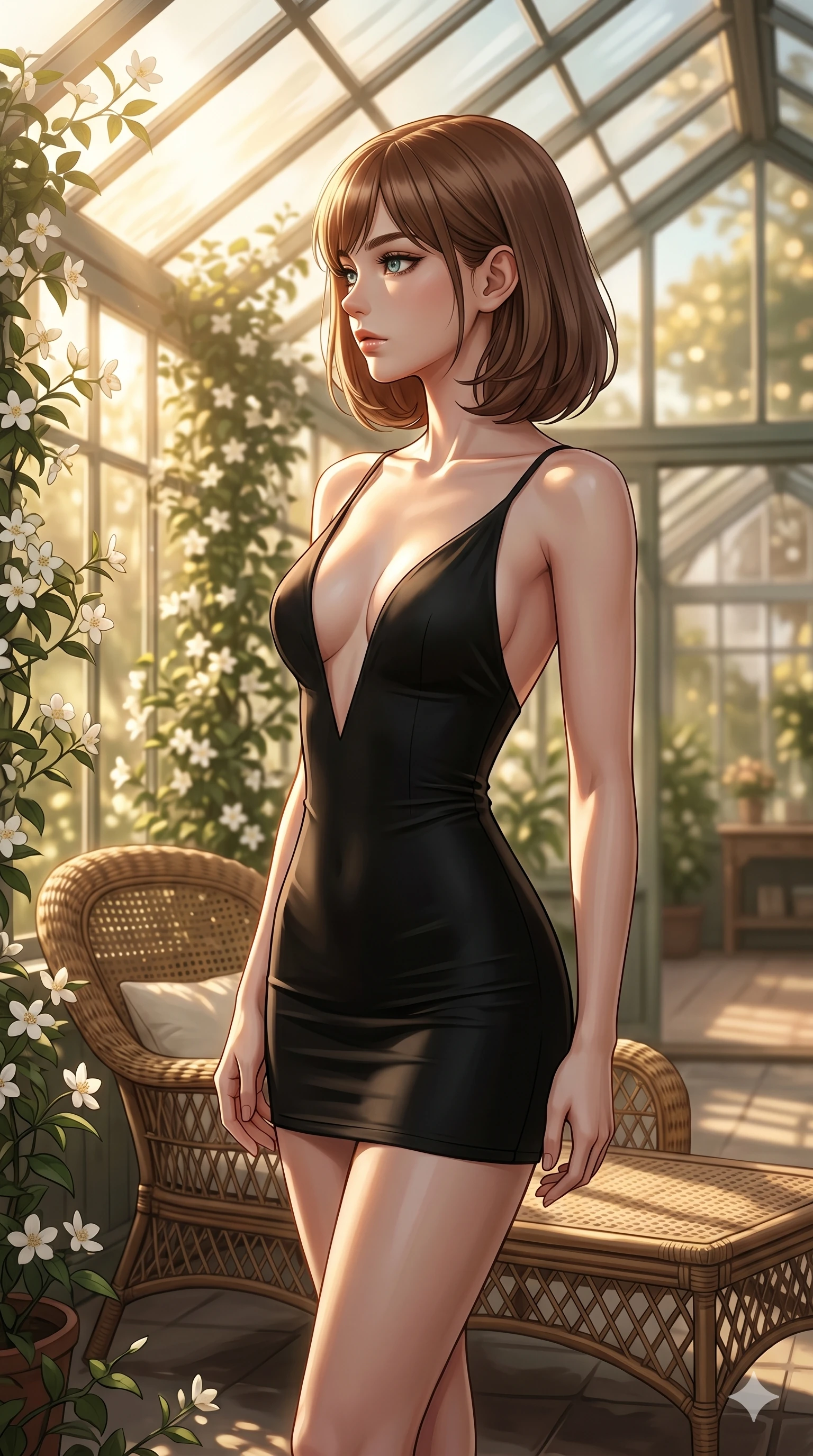 score_9, masterpiece, best quality, ultra-detailed, high-budget anime keyframe, editorial fashion photography, tasteful artistic composition, Caucasian woman, strictly human ears. cowboy shot from the thighs up, character and outfit filling the frame for maximum editorial presence. posing with quiet magnetic self-assurance, her face turned in a sharp profile against the golden light inside a sun-drenched greenhouse conservatory with climbing white jasmines and wicker chaise lounge (Code-P116). She has an absolutely perfect 8-heads proportion, an exceptionally tall and slender female figure with impossibly long slender legs and an ultra-slim waist. V-shaped jawline, high-bridge nose, intricate jewel-like eyes with depth, thick eyelashes, glossy lips with a natural sheen. wearing a sleek form-fitting black bodycon dress with a dramatic plunging neckline and bare shoulders. drenched in soft morning sunbeams filtering through the glass roof, highlighting her delicate clavicle. 2k, ultra detail, master piece, 9:16 ratio
