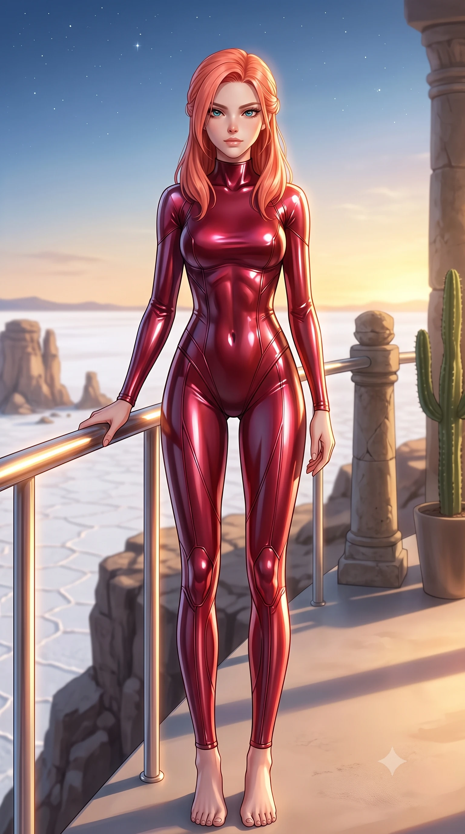 score_9, masterpiece, best quality, ultra-detailed, high-budget anime keyframe, editorial fashion photography, tasteful artistic composition, Japanese woman. low angle full-body shot from head to toe showing her feet, filling the entire 9:16 vertical frame with her statuesque presence, stretching her vertical silhouette. standing in a tall, confident posture with one hand on a glowing metal railing, stretching her statuesque body, the background shows a soft-focus a private sunroom balcony built on a high cliff overlooking a white salt flat. She has an absolutely perfect, statuesque 8.5-heads proportion, an exceptionally tall and slender model-like female figure with impossibly long slender legs and an ultra-slim waist. sharp v-shaped jawline, high-bridge nose, intricate jewel-like eyes with depth, thick eyelashes, glossy lips with a natural sheen. wearing a form-contouring form-contouring high-neck bodycon suit in deep crimson, contouring her athletic build like a second skin. crisp morning starlight transitioning to a warm golden sunrise glow. ultra-reflective glossy finish, specular highlights, metallic sheen, high-contrast stereoscopic depth, volumetric dynamic lighting, 2k, ultra detail, master piece, 9:16 ratio