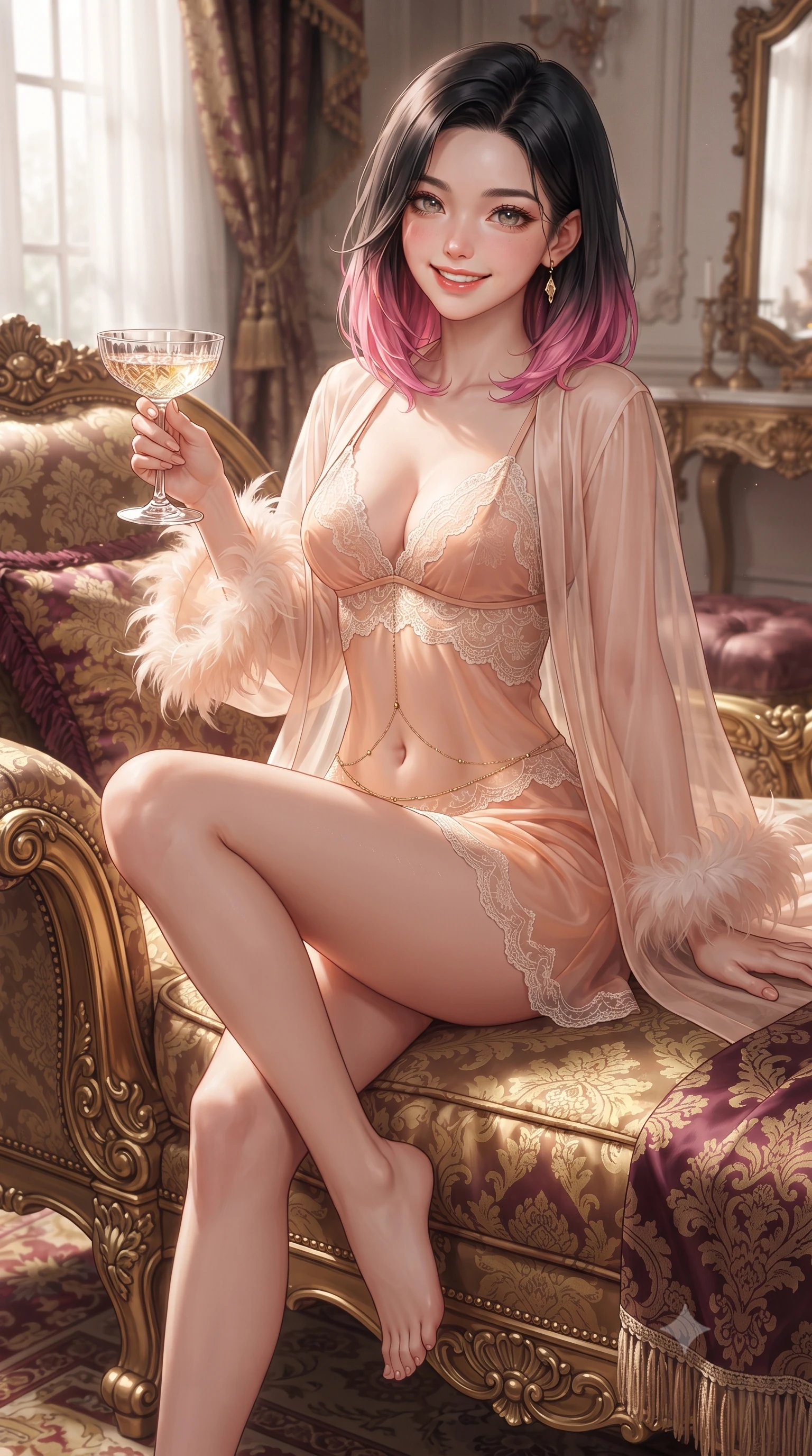 score_9, masterpiece, best quality, ultra-detailed, high-budget anime keyframe, editorial fashion photography, tasteful artistic composition, Korean woman. close-up cowboy shot from the waist and thighs up, the character dominates the composition, filling the frame with her large presence. perched sideways on the lounge seat, one knee drawn up to showcase her slender leg line while her arched back accentuates her feminine hip curve while sitting gracefully on the silk damask settee with legs crossed, holding a coupe of champagne with magnetic, teasing elegance. The surrounding environment is rendered in vivid detail and crisp panoramic clarity: detailed translucent silk chiffon boudoir slip with eyelash lace trims, open cowl back, and Gilded Age craft in high resolution. She has an exceptionally elegant, slender, and willowy female figure with an ultra-slim waist, flat toned midriff, narrow ribcage, and sculpted feminine hips creating an alluring, slim hourglass silhouette without bulk. sharp v-shaped jawline, high-bridge nose, intricate jewel-like sparkling eyes with depth, thick eyelashes, glossy parted lips with a natural peach sheen, bright cheerful beaming smile with an enchanting and coquettish sensual glint, exuding both youthful cute charm and seductive allure, flawlessly proportioned anatomical accuracy, strict slender model proportions, natural body alignment, perfectly sculpted long slender limbs, ultra-slim waistline, clean dynamic posture without body distortion. wearing a delicate translucent silk boudoir robe with feather-trimmed cuffs worn open over a strappy lace bralette and micro-shorts in Parisian blush peach lace and ivory pearl, made of sheer gossamer chiffon that drapes softly against skin with airy translucence, accented with a dainty gold belly chain resting across her flat midriff and curving hips, the glove-like clinging cut tightly following the natural contour of her hips and long slender legs with youthful 8.5-heads elegance. illuminated by mirror reflection fill and sharp rose-gold rim lights defining her razor-sharp jawline, narrow waist, and curvy hips. ultra-reflective glossy finish, specular highlights, rich textural contrasts, high-contrast stereoscopic depth, volumetric dynamic lighting, 2k, ultra detail, master piece, 9:16 ratio