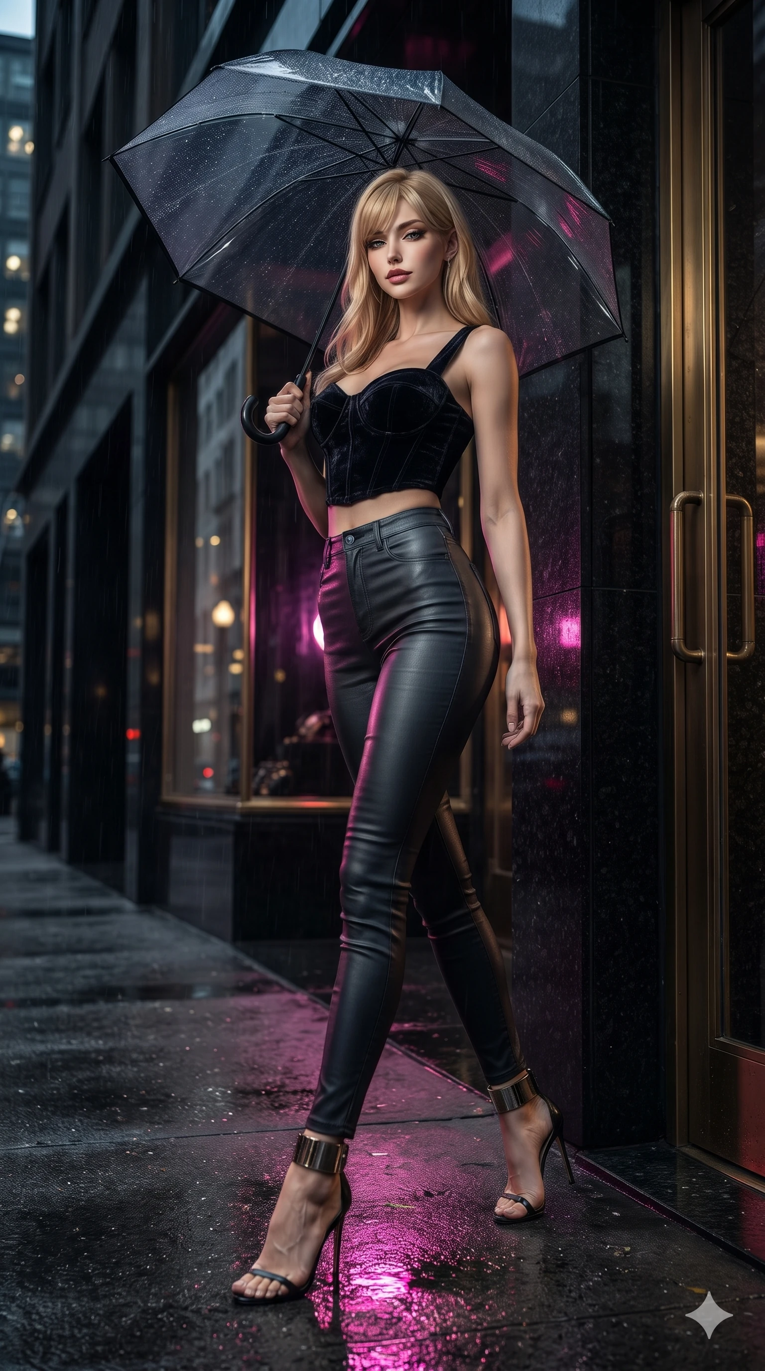 score_9, masterpiece, best quality, ultra-detailed, high-budget anime keyframe, editorial fashion photography, tasteful artistic composition, Caucasian woman. low angle full-body shot from head to toe showing her feet, filling the entire 9:16 vertical frame with her statuesque presence, stretching her vertical silhouette. walking dynamically down the glistening wet asphalt alley beneath a translucent black umbrella, hips swaying gracefully in a captivating supermodel rhythm while leaning gracefully against the black granite boutique portal, looking through thick eyelashes with intoxicating, heavy-lidded bedroom-eyes. The surrounding environment is rendered in vivid detail and crisp panoramic clarity: sharp seamless vitrine glass edges, honed black granite cladding, and polished brass door trim in deep focus. She has an exceptionally tall and slender model-like 8.5-heads proportion, an ultra-slim waist, a flat toned midriff, narrow delicate ribcage, and beautifully sculpted feminine hips creating a graceful, slim hourglass silhouette without any bulky heaviness, with impossibly long slender legs. sharp v-shaped jawline, high-bridge nose, intricate jewel-like dark sparkling eyes with dangerous depth, thick curled eyelashes, glossy parted lips with a rich wine sheen, smoldering seductive half-smile with bedroom-eyes, exuding effortless superiority and intoxicating dark allure, flawlessly proportioned anatomical accuracy, strict slender model proportions, natural body alignment, perfectly sculpted long slender limbs, ultra-slim waistline, clean dynamic posture without body distortion. wearing a cropped structured bodice top paired with ultra-fitted high-waisted leather trousers tracing her hips in wet asphalt charcoal and neon magenta reflections, tailored from crushed dark velvet with deep light-absorbing plush texture, complemented by strappy stiletto heels with metallic ankle cuffs accentuating her slender calves, the impeccably tailored cut draping gracefully along her slender figure with aristocratic noir poise. illuminated by polished stone walkway bounce and sharp platinum-gold rim lights sculpting her razor-sharp jawline, narrow waist, and curvy hips. ultra-reflective glossy finish, specular highlights, rich textural contrasts, high-contrast stereoscopic depth, volumetric dynamic lighting, 2k, ultra detail, master piece, 9:16 ratio