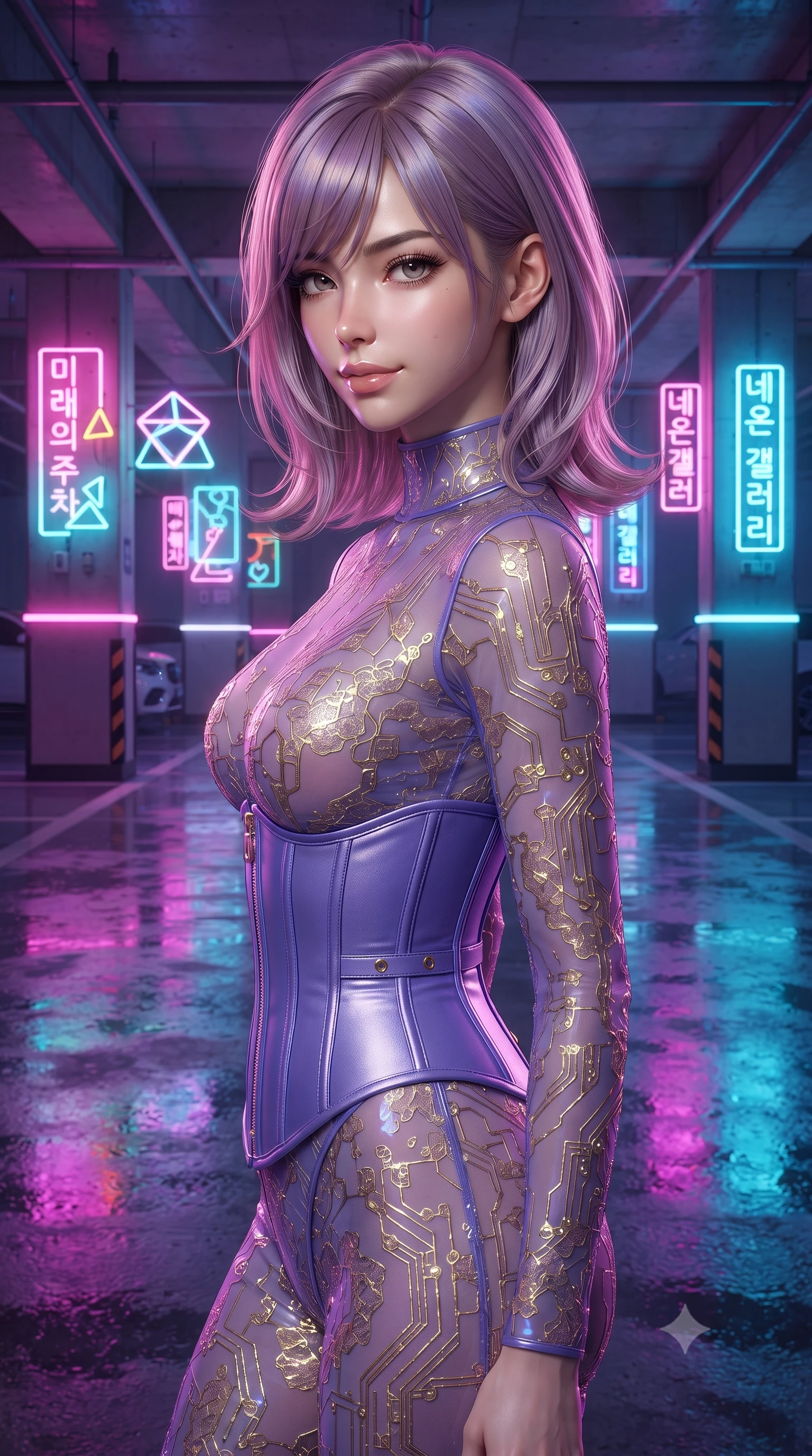 score_9, masterpiece, best quality, ultra-detailed, high-budget anime keyframe, editorial fashion photography, tasteful artistic composition, Japanese woman. close-up cowboy shot from the waist and thighs up, the character dominates the composition, filling the frame with her large presence, background elements kept in soft focus. Glancing sidelong over her shoulder with a smoldering half-smile. set against a soft-focus background of a multi-story parking garage transformed by contemporary art installations with every concrete column wrapped in programmable color-changing LED strips and neon tube art pieces casting vivid pools of light on glossy wet concrete. She has an exceptionally elegant and slender, willowy female figure with an ultra-slim waist, a gracefully sculpted slender torso, and a refined slim physique. sharp v-shaped jawline, high-bridge nose, intricate jewel-like eyes with depth, thick eyelashes, glossy lips with a natural sheen. wearing a sheer holographic bodysuit in violet, featuring embedded gold-lace circuits and a matching underbust corset. vivid neon colors in magenta cyan and electric blue reflecting off wet concrete floors creating intense saturated pools and streaks of colored light. 2k, ultra detail, master piece, 9:16 ratio