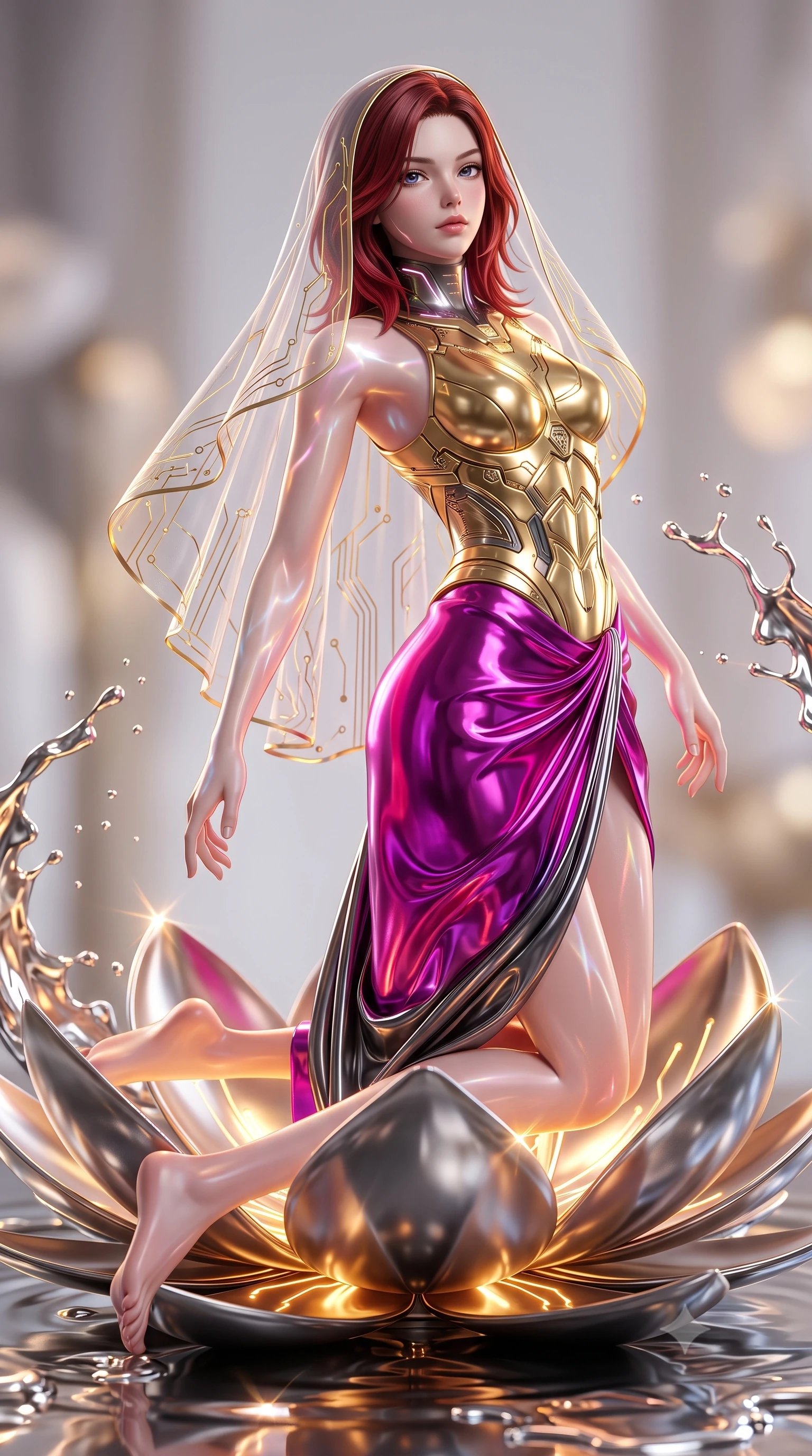 score_9, masterpiece, best quality, ultra-detailed, high-budget anime keyframe, semi-realistic 3D game render, editorial fashion photography, tasteful artistic composition, Korean woman. low angle full-body shot from head to toe showing her feet, filling the entire 9:16 vertical frame with her statuesque presence, stretching her vertical silhouette. arching her spine in a fluid zero-gravity turn with sovereign grace, her long slender legs and sculpted torso creating a sweeping line while kneeling gracefully on a metallic lotus petal as ripples of liquid mercury reflect brilliant neon light across her bare shoulders. The composition keeps background elements in soft focus with creamy bokeh. molten metal splashes and light caustics scattering radiant glints across a soft-focus background. She has an absolutely perfect, statuesque 8.5-heads proportion, an exceptionally tall and slender model-like female figure with impossibly long slender legs, a toned flat midriff, and an ultra-slim waist. sharp v-shaped jawline, high-bridge nose, intricate jewel-like eyes with depth, thick eyelashes, glossy lips with a natural sheen, flawlessly proportioned anatomical accuracy, strict slender model proportions, natural body alignment, perfectly sculpted long slender limbs, ultra-slim waistline, clean dynamic posture without body distortion. wearing an ethereal translucent cyber-veil paired with a sculpted golden mechanical cuirass and high-fashion draped silk skirt in vibrant electric magenta and ultra-reflective dark titanium, formed from high-gloss patent material with specular chiaroscuro reflections, featuring a sleek aerodynamic collar framed by subtle glowing cybernetic accents, the liquid-tight tailored fabric emphasizing every curve of her tall, slender model proportions and sculptured silhouette during dynamic movement. bathed in warm golden circuit lotus uplights and glittering liquid mercury caustics. rich saturated anime colors with glowing neon highlights, detailed shading with soft gradients, rich glossy textures, high-contrast stereoscopic depth, volumetric dynamic lighting, master piece, 9:16 ratio