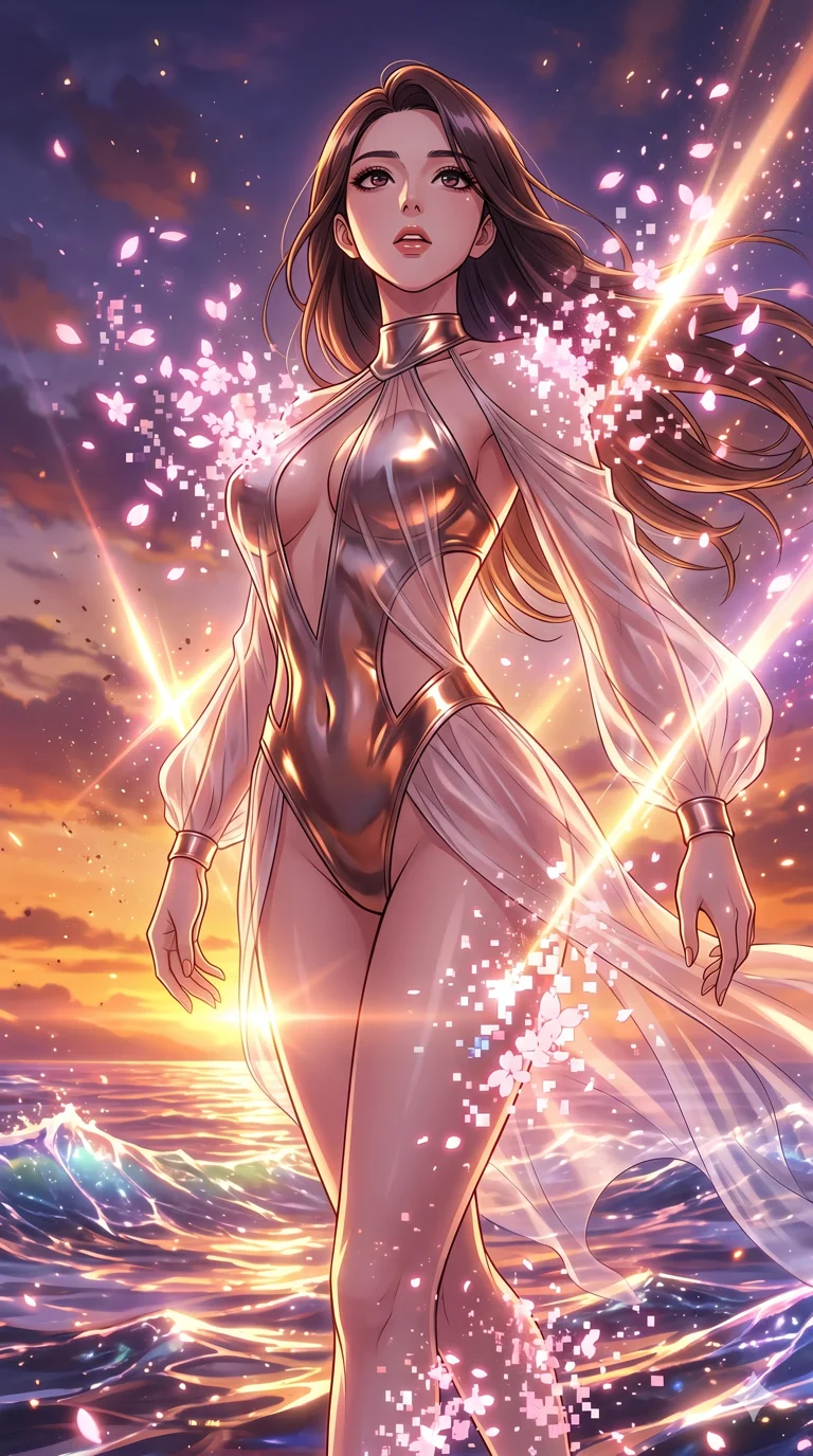 score_9, masterpiece, best quality, ultra-detailed, High-budget Anime Keyframe, vibrant colors, fluid line-art, expressive lighting, cinematic composition, Ufotable-style visual effects, top-tier animation quality, Korean woman with idol-like refined features. Low angle cowboy shot filling the entire 9:16 frame with her statuesque presence, looking up to emphasize her height. Vanishing into a sudden cloud of glowing cherry blossoms and digital pixels to escape an incoming attack. She has an absolutely perfect 8-heads proportion, an exceptionally tall and slender female figure with impossibly long slender legs and an ultra-slim waist, her statuesque height and towering silhouette dominating the vertical 9:16 frame. Her face is a masterpiece featuring a sharp v-shaped jawline, high-bridge nose, intricate jewel-like eyes with depth, thick eyelashes, and glossy lips with a natural sheen. She is wearing a Molten metal-look bodysuit with daring cut-outs and a high-cut silhouette crafted from Sheer silk that is almost transparent, flowing like water around her statuesque frame, with sheer fabric transparency over her delicate curves and a high-cut silhouette. The scene is set in a vibrant sunset over a futuristic crystalline ocean with waves made of liquid light, illuminated by intense energy flares from her powers illuminating the scene with brilliant light. 2k, ultra detail, master piece, 9:16 ratio