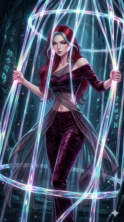 score_9, masterpiece, best quality, ultra-detailed, High-budget Anime Keyframe, East Asian woman. Dynamic full-body shot stretching the vertical silhouette to the limit. Scenario 292: Trapped in a cage of glowing crystalline fibers, body pressing aga