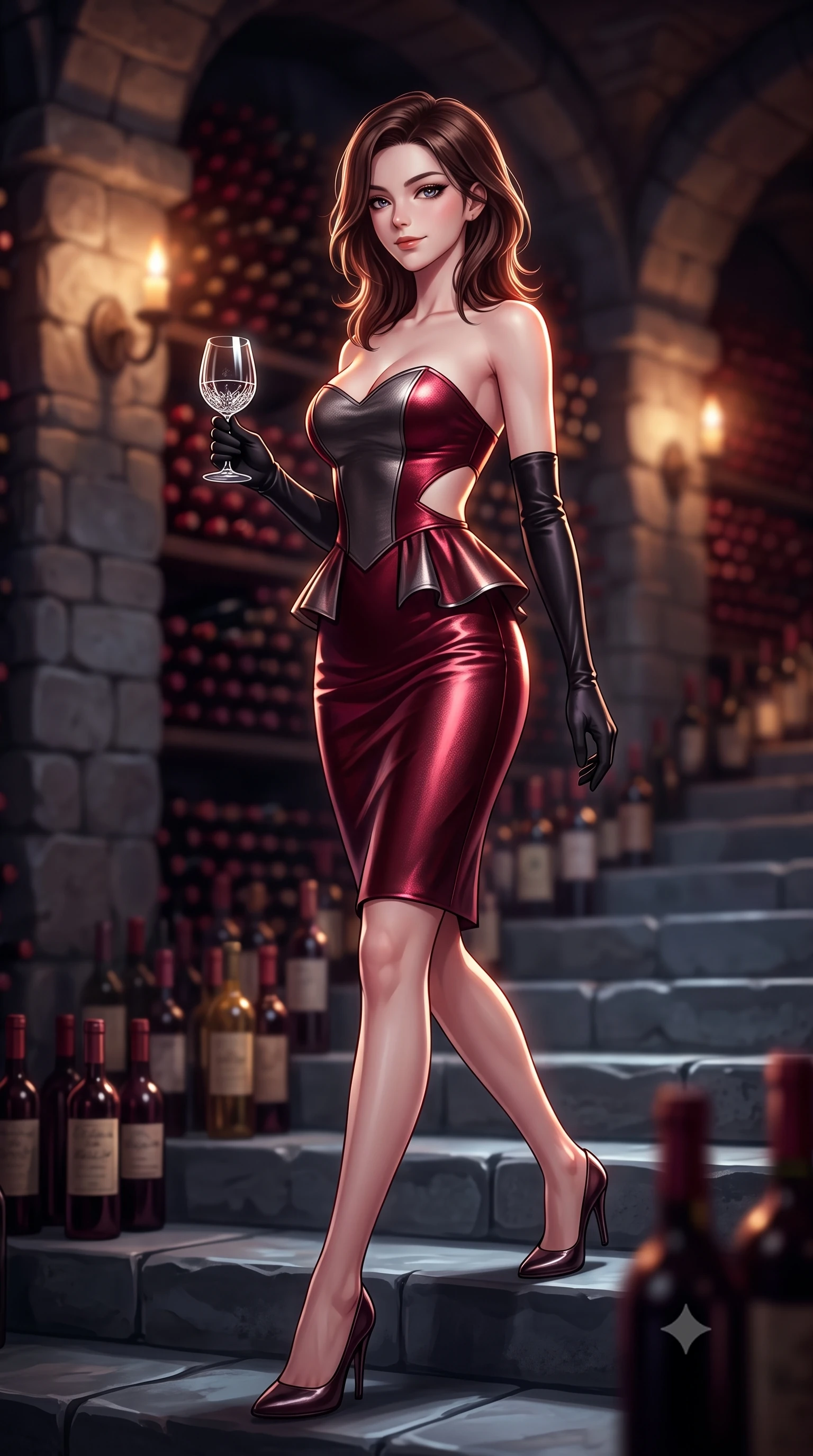 score_9, masterpiece, best quality, ultra-detailed, high-budget anime keyframe, semi-realistic 3D game render, editorial fashion photography, tasteful artistic composition, Korean woman. low angle full-body shot from head to toe showing her feet, filling the entire 9:16 vertical frame with her statuesque presence, stretching her vertical silhouette. striding forward in a proud supermodel runway stride, hips swaying in an alluring kinetic rhythm that accentuates her curvy hourglass silhouette while gliding down the cool stone cellar steps with supermodel poise, looking back over a bare shoulder with an intoxicating, aristocratic half-smile. The composition keeps background elements in soft focus with creamy bokeh. thousands of dusty vintage wine bottles and flickering wall sconces blurred into deep ruby, warm amber, and aged burgundy bokeh. She has an absolutely perfect, statuesque 8.5-heads proportion, an exceptionally tall and slender model-like female figure with impossibly long slender legs, a toned flat midriff, an ultra-slim waist, and beautifully sculpted feminine hips. sharp v-shaped jawline, high-bridge nose, intricate jewel-like eyes with depth, thick eyelashes, glossy parted lips with a natural sheen, intensely captivating and seductive bedroom-eyes expression, flawlessly proportioned anatomical accuracy, strict slender model proportions, natural body alignment, perfectly sculpted long slender limbs, ultra-slim waistline, clean dynamic posture without body distortion. wearing a modern peplum corset dress with side-waist diamond cutouts and an ultra-tight silhouette in deep garnet red and brushed dark platinum, crafted from luxurious metallic lamé that shifts radiance with every step, accessorized with opera-length black satin gloves and a vintage crystal wine goblet, the form-contouring material adhering flawlessly to her sculpted flat midriff and slender torso, emphasizing her long leg lines and perfectly proportioned willowy build. illuminated by rich specular rim lights defining her razor-sharp jawline, narrow waist, and curvy hips. highly saturated vibrant anime colors, detailed shading with soft gradients, rich glossy textures, high-contrast stereoscopic depth, volumetric dynamic lighting, master piece, 9:16 ratio