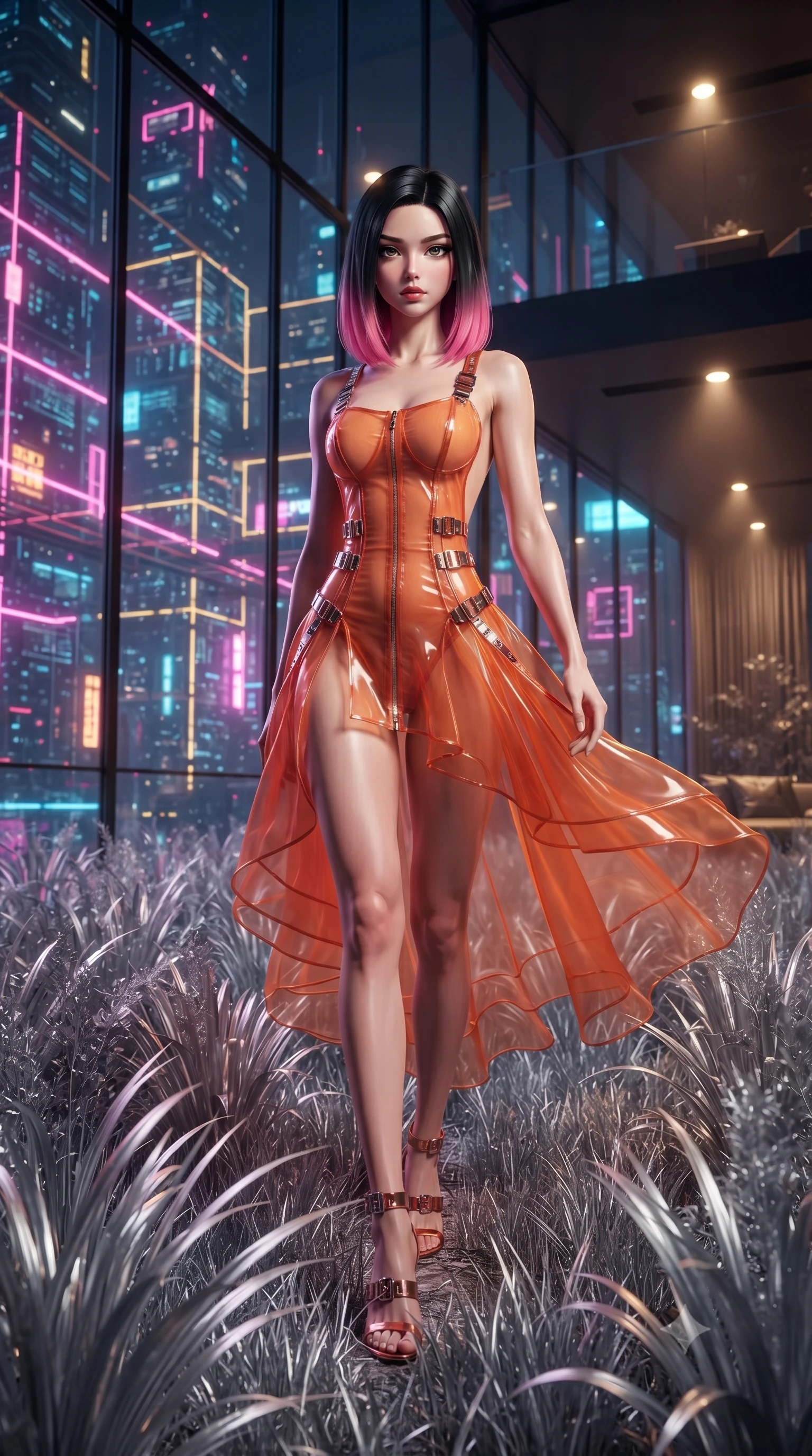 score_9, masterpiece, best quality, ultra-detailed, High-budget Anime Keyframe, editorial fashion photography, tasteful artistic composition, realistic cosplay photography, East Asian woman. Low angle cowboy shot filling the entire 9:16 frame with her statuesque presence. Scenario 544: walking through a field of tall silver grass at a luxury penthouse with floor-to-ceiling glass walls overlooking a neon grid. Her presence is magnetic and overpowering in this high-budget cinematic scene. Outfit 544: a slim-fit sunset orange sheer organza corset dress with a dramatic backless design and metallic buckles. The clothing is designed to emphasize her exceptionally tall and slender 8-heads proportion. 8-heads proportion, towering silhouette, ultra-slim waist. sharp v-shaped jawline, intricate jewel-like eyes with depth, thick eyelashes, glossy lips. ultra-reflective glossy finish, specular highlights, metallic sheen, high-contrast stereoscopic depth, volumetric dynamic lighting, 2k, ultra detail, master piece, 9:16 ratio