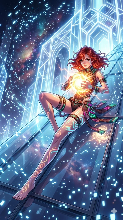 score_9, masterpiece, best quality, ultra-detailed, Set A: High-budget Anime Keyframe, Caucasian (human ears) woman. Low angle cowboy shot filling the entire 9:16 frame with her statuesque presence. Theme: Abstract Cosmic. sliding down a glass skyscr
