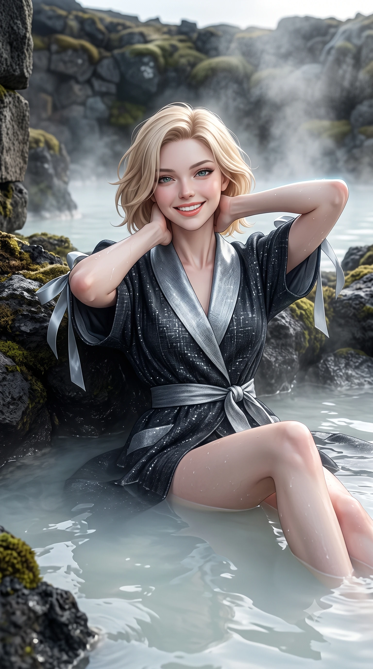 score_9, masterpiece, best quality, ultra-detailed, high-budget anime keyframe, editorial fashion photography, tasteful artistic composition, Caucasian woman. close-up cowboy shot from the waist and thighs up, the character dominates the composition, filling the frame with her large presence. resting both hands lightly behind her neck with elbows raised, arching her spine to highlight her narrow waist, flat midriff, and breathtaking collarbones while lounging in the warm geothermal water propped on the mossy lava rim with legs extended, her statuesque 8.5-heads silhouette commanding the sanctuary. The surrounding environment is rendered in vivid detail and crisp panoramic clarity: detailed garment lines, wet cling or sheer fit, and Icelandic volcanic architecture in razor-sharp precision. She has an exceptionally elegant, slender, and willowy female figure with an ultra-slim waist, flat toned midriff, narrow ribcage, and sculpted feminine hips creating an alluring, slim hourglass silhouette without bulk. sharp v-shaped jawline, high-bridge nose, intricate jewel-like sparkling eyes with depth, thick eyelashes, glossy parted lips with a natural peach sheen, bright cheerful beaming smile with an enchanting and coquettish sensual glint, exuding both youthful cute charm and seductive allure, flawlessly proportioned anatomical accuracy, strict slender model proportions, natural body alignment, perfectly sculpted long slender limbs, ultra-slim waistline, clean dynamic posture without body distortion. wearing a bespoke Japanese minimalist silk kimono-collar structured trench coat with obi sash belt in Vik black sand obsidian and glacier crystal silver, woven from structured British tweed with subtle metallic flecks, finished with satin ribbon ties at the shoulders fluttering in the gentle breeze, the impeccably tailored cut draping gracefully along her slender figure with aristocratic poise. illuminated by milky water surface specular bounce and sharp platinum-cyan rim lights sculpting her jawline, narrow waist, and curvy hips. ultra-reflective glossy finish, specular highlights, rich textural contrasts, high-contrast stereoscopic depth, volumetric dynamic lighting, 2k, ultra detail, master piece, 9:16 ratio