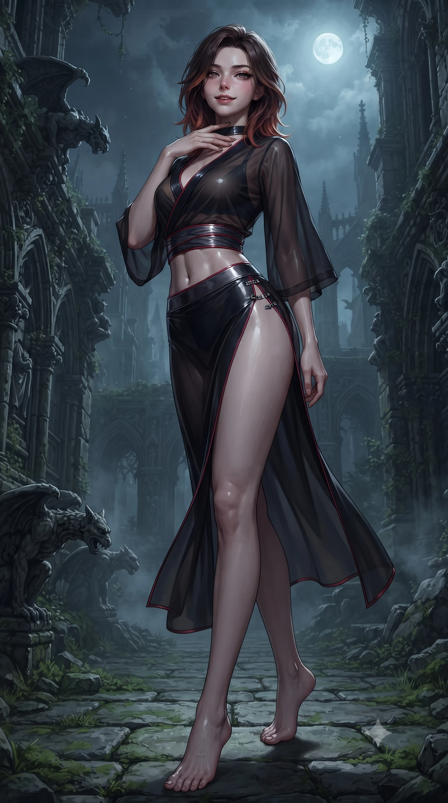 score_9, masterpiece, best quality, ultra-detailed, high-budget anime keyframe, editorial fashion photography, tasteful artistic composition, Korean woman. low angle full-body shot from head to toe showing her feet, filling the entire 9:16 vertical frame with her statuesque presence, stretching her vertical silhouette. pivoting dynamically in mid-motion with a breathtakingly alluring posture, displaying her flawless model proportions, toned flat midriff, and ultra-slim waist while resting her fingers lightly against her throat with a seductive, haunting half-smile looking into the camera lens. The surrounding environment is rendered in vivid detail and crisp panoramic clarity. vibrant contrast between eerie pale moonlight and deep nocturnal shadows in panoramic precision. She has an absolutely perfect, statuesque 8.5-heads proportion, an exceptionally tall and slender model-like female figure with impossibly long slender legs, a toned flat midriff, and an ultra-slim waist. sharp v-shaped jawline, high-bridge nose, intricate jewel-like eyes with depth, thick eyelashes, glossy lips with a natural sheen, flawlessly proportioned anatomical accuracy, strict slender model proportions, natural body alignment, perfectly sculpted long slender limbs, ultra-slim waistline, clean dynamic posture without body distortion. wearing a shortened dark gothic-fusion wrap top with transparent chiffon panels, a deep crossover neckline, and a metallic waist sash in shadowy asphalt black and subtle neon red edges, crafted from ultra-reflective second-skin latex with a high-gloss glass-like polish, finished with an ultra-high side slit secured by miniature magnetic clasps, the form-contouring material adhering flawlessly to her sculpted flat midriff and slender torso, emphasizing her long leg lines and perfectly proportioned willowy build. illuminated by crisp pale key light with sharp specular highlights tracing her sculpted collarbones. ultra-reflective glossy finish, specular highlights, dark metallic sheen, deep chiaroscuro contrast, volumetric dynamic shadow lighting, 2k, ultra detail, master piece, 9:16 ratio