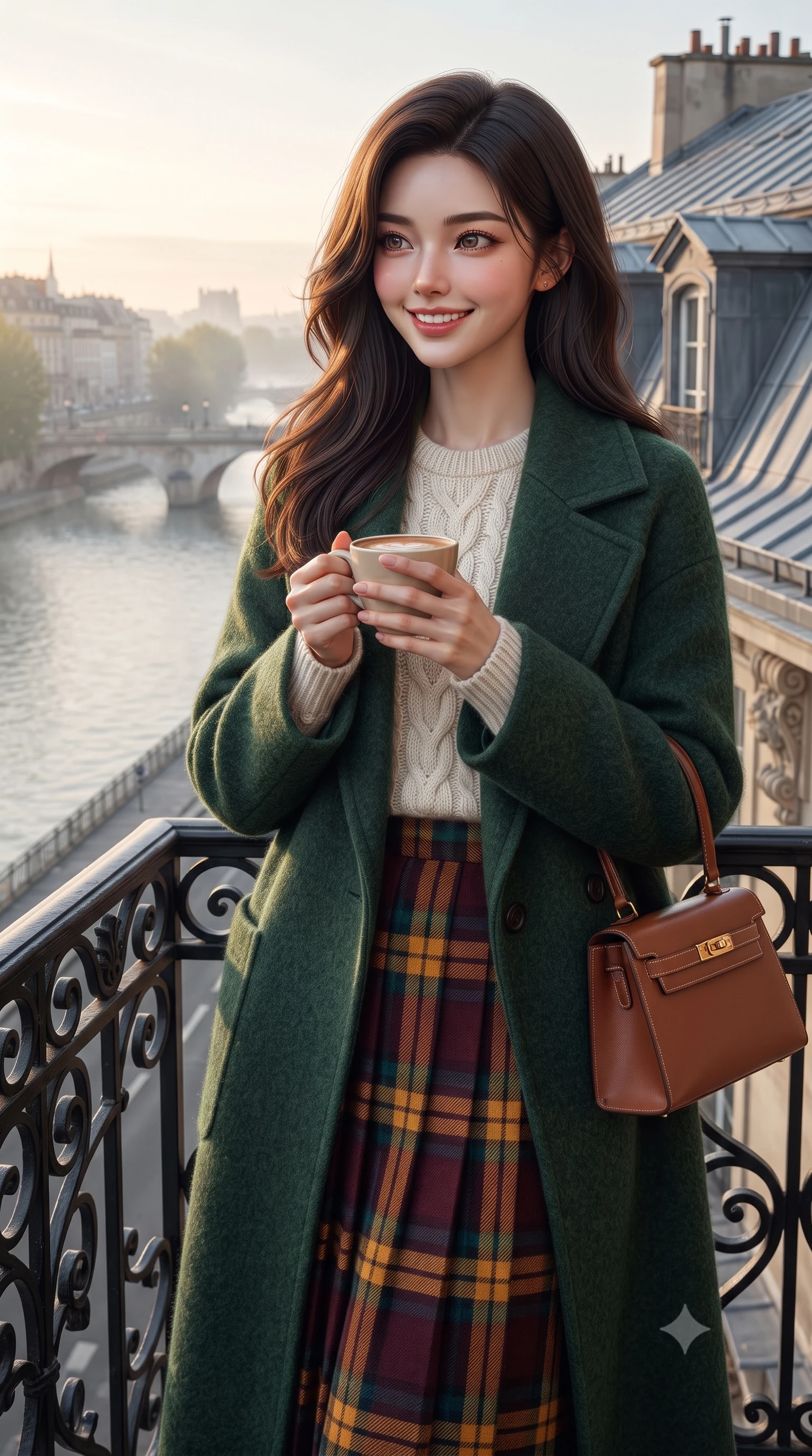 score_9, masterpiece, best quality, ultra-detailed, high-budget anime keyframe, editorial fashion photography, tasteful artistic composition, Korean woman. close-up cowboy shot from the waist and thighs up, the character dominates the composition, filling the frame with her large presence. holding a warm porcelain cup in both hands while tilting her head with an enchanting, beaming smile while holding a warm mug of café au lait in both hands, wrapped in an elegant wool wrap coat as morning mist rises over the river. The surrounding environment is rendered in vivid detail and crisp panoramic clarity: sharp scrollwork details on wrought iron balcony railing, carved limestone corbel reliefs, and zinc rooftop seam ridges in deep focus. She has an exceptionally elegant, slender, and willowy female figure with an ultra-slim waist, flat toned midriff, narrow ribcage, and sculpted feminine hips creating an alluring, slim hourglass silhouette without bulk. sharp v-shaped jawline, high-bridge nose, intricate jewel-like sparkling eyes with depth, thick eyelashes, glossy parted lips with a natural peach sheen, bright cheerful beaming smile with an enchanting and coquettish sensual glint, exuding both youthful cute charm and seductive allure, flawlessly proportioned anatomical accuracy, strict slender model proportions, natural body alignment, perfectly sculpted long slender limbs, ultra-slim waistline, clean dynamic posture without body distortion. wearing an ivory cable-knit fisherman sweater paired with a pleated wool tartan midi skirt and a crisp collared poplin shirt in rich Oxford burgundy and golden amber, woven from plush alpaca yarn with a cloud-like fuzzy texture and soft halo, finished with a structured leather top-handle mini bag resting gracefully at her side, the sharp shoulder tailoring and gently nipped waist framing her slender torso with pristine sartorial perfection. illuminated by zinc roof reflection fill and clean pearlescent rim lights accentuating her sharp jawline and willowy silhouette. ultra-reflective glossy finish, specular highlights, rich textural contrasts, high-contrast stereoscopic depth, volumetric dynamic lighting, 2k, ultra detail, master piece, 9:16 ratio