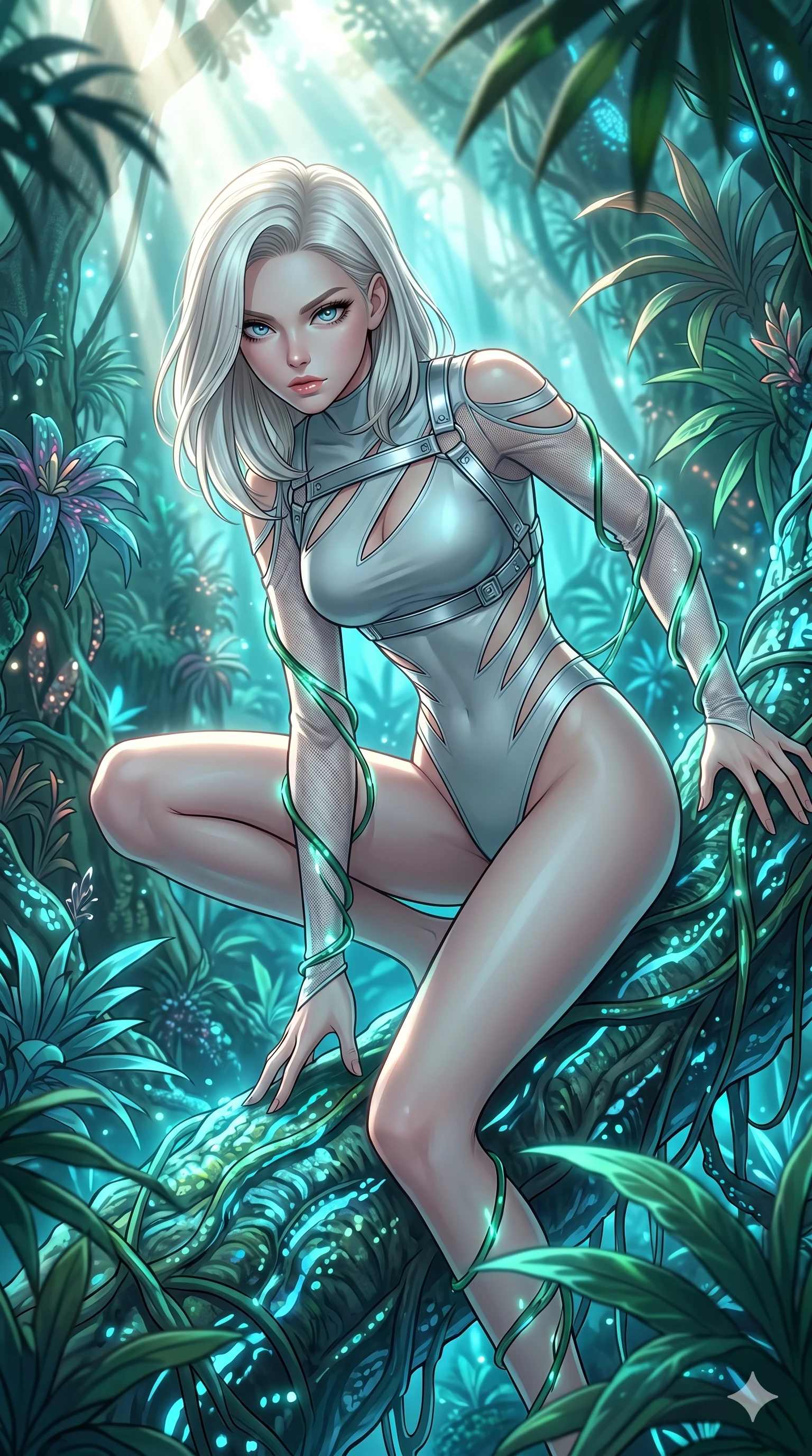 score_9, masterpiece, best quality, ultra-detailed, high-budget anime keyframe, editorial fashion photography, tasteful artistic composition, Caucasian woman, strictly human ears. Upper body close-up from the thighs up, character filling the screen for maximum presence. She is crouching dynamically on a massive bioluminescent jungle root, wrapped in glowing vines. She leans close to the camera, looking through the foliage with a piercing, animalistic gaze. She has an absolutely perfect 8-heads proportion, an exceptionally tall and slender female figure with impossibly long slender legs and an ultra-slim waist. V-shaped jawline, high-bridge nose, intricate jewel-like eyes with depth, thick eyelashes, glossy lips with a natural sheen. She is wearing an ultra-sleek high-cut tech-bodysuit featuring dangerous diagonal slitted cutouts on the midriff and shoulders, reinforced by a metallic silver harness and sheer mesh sleeves. The scene is bathed in bright sunbeams filtering through a dense canopy and glowing cyan ambient forest light. 2k, ultra detail, master piece, 9:16 ratio