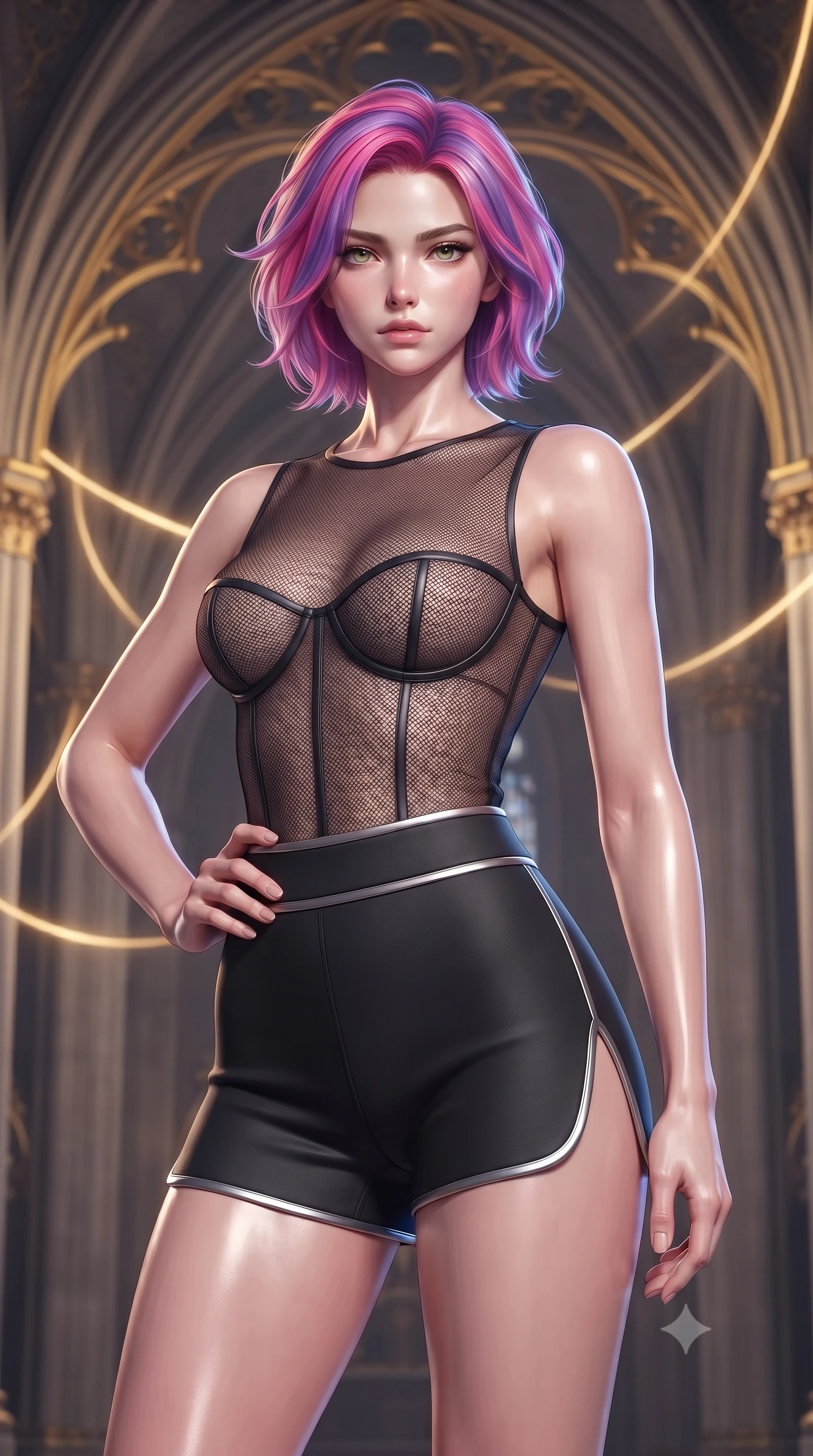 score_9, masterpiece, best quality, ultra-detailed, high-budget anime keyframe, editorial fashion photography, tasteful artistic composition, Caucasian woman. close-up cowboy shot from the waist and thighs up, the character dominates the composition, filling the frame with her large presence, background elements kept in soft focus. Holding a confident power pose with one hand on her hip, gazing directly into the camera with quiet intensity guiding glowing choir light threads weaving through majestic vaulted arches, golden filigree details on the architecture shining with brilliant luster. She has an exceptionally elegant, slender, and willowy female figure with an ultra-slim waist, a gracefully sculpted slender torso, and a refined silhouette. sharp v-shaped jawline, high-bridge nose, intricate jewel-like eyes with depth, thick eyelashes, glossy lips with a natural sheen. wearing a delicate see-through mesh top with structured cup boning and micro-shorts in matte black and polished silver, formed from sleek second-skin neoprene, finished with a sleek side slit ascending to mid-thigh, the form-contouring material highlighting her ultra-slim waist and long lines. illuminated by a warm golden key light and brilliant multi-color rim light. ultra-reflective glossy finish, specular highlights, metallic sheen, high-contrast stereoscopic depth, volumetric dynamic lighting, 2k, ultra detail, master piece, 9:16 ratio