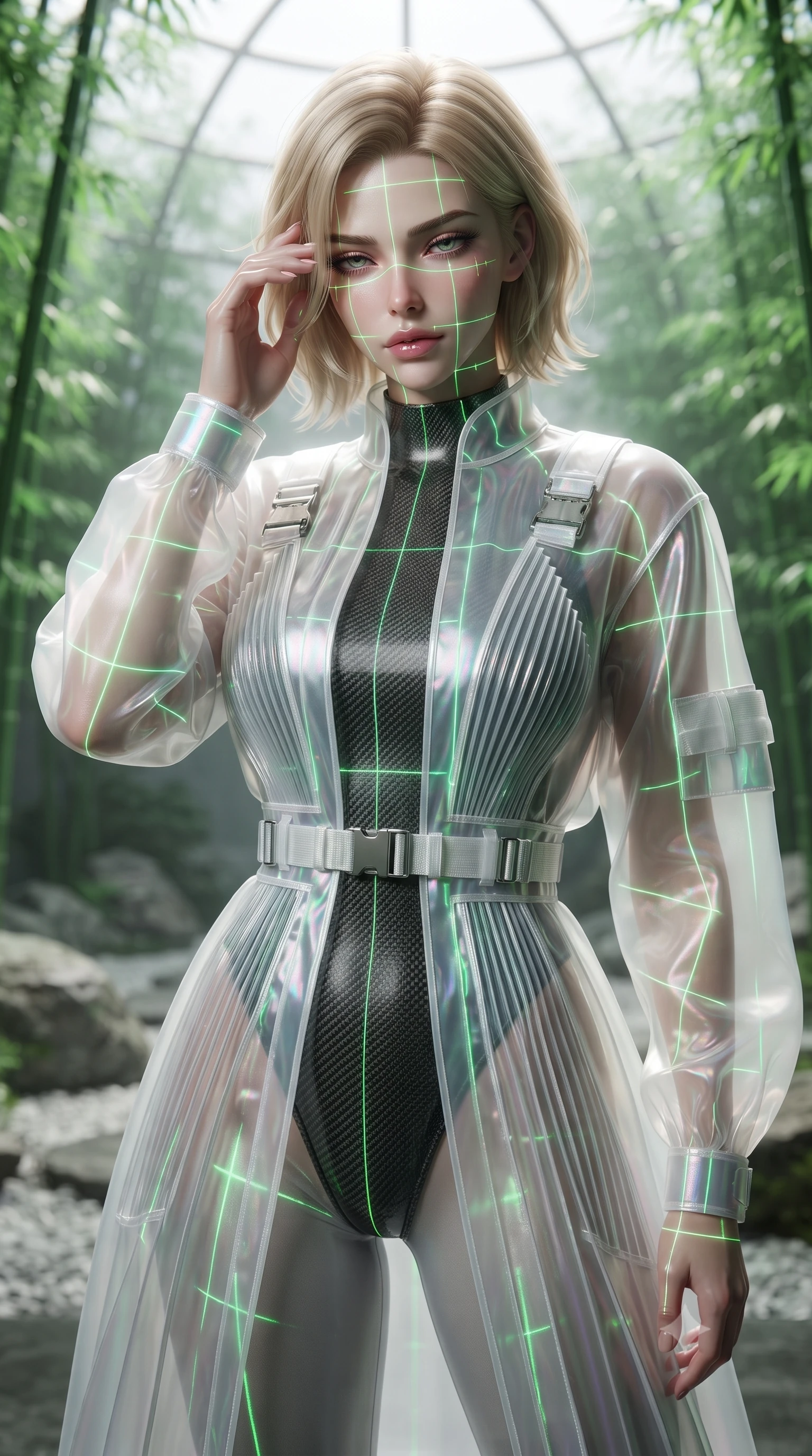 score_9, masterpiece, best quality, ultra-detailed, high-budget anime keyframe, editorial fashion photography, tasteful artistic composition, Caucasian woman. close-up cowboy shot from the waist and thighs up, the character dominates the composition, filling the frame with her large presence, background elements kept in soft focus. gently touching the side of her temple, casting a heavy-lidded, sultry look past the camera, the background shows a soft-focus a rock garden patio surrounded by virtual green bamboo trees in a dome. She has an exceptionally elegant, slender, and willowy female figure with an ultra-slim waist, a gracefully sculpted slender torso, and a refined silhouette. sharp v-shaped jawline, high-bridge nose, intricate jewel-like eyes with depth, thick eyelashes, glossy lips with a natural sheen. wearing a form-contouring sheer white holographic organza combat gown worn over a high-cut carbon-fiber leotard. virtual bamboo trees projecting green neon light gridlines on her. ultra-reflective glossy finish, specular highlights, metallic sheen, high-contrast stereoscopic depth, volumetric dynamic lighting, 2k, ultra detail, master piece, 9:16 ratio
