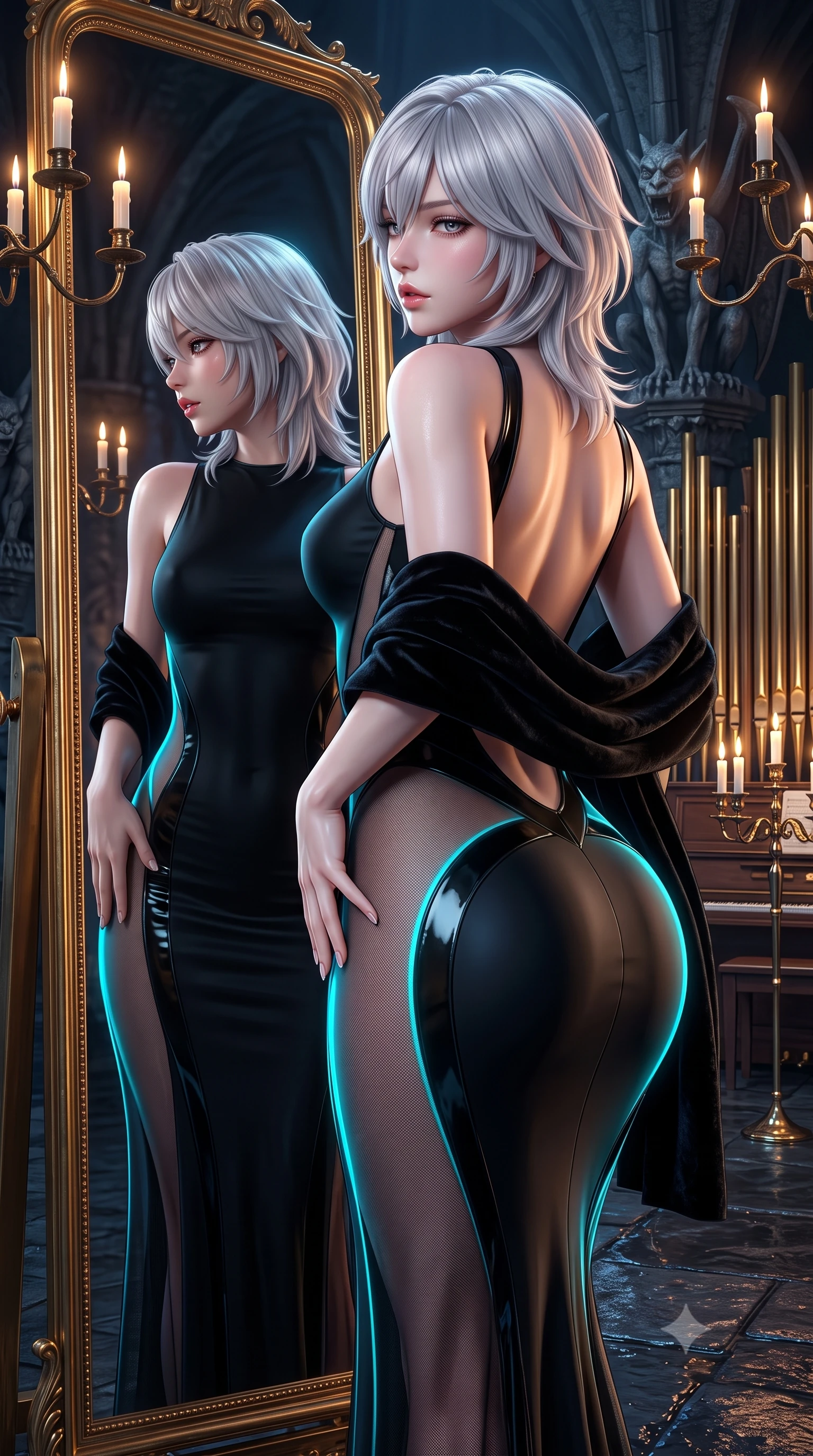 score_9, masterpiece, best quality, ultra-detailed, high-budget anime keyframe, semi-realistic 3D game render, editorial fashion photography, tasteful artistic composition, Japanese woman. close-up cowboy shot from the waist and thighs up, the character dominates the composition, filling the frame with her large presence. resting one manicured hand delicately on her hip bone, her upper body turning in a fluid, seductive S-curve while parted lips glisten in the light while leaning against an ornate gilded floor mirror surrounded by floating candelabras, looking over her shoulder at her own reflection with parted glossy lips. The surrounding environment is rendered in vivid detail and crisp panoramic clarity. sharp carved gothic gargoyle textures, gilded organ pipe polish, and wet cavern flagstones in deep focus. She has an exceptionally elegant, slender, and willowy female figure with an ultra-slim waist, flat toned midriff, narrow ribcage, and sculpted feminine hips creating an alluring, slim hourglass silhouette without bulk. sharp v-shaped jawline, high-bridge nose, intricate jewel-like eyes with depth, thick eyelashes, glossy parted lips with a natural sheen, intensely captivating and seductive bedroom-eyes expression, flawlessly proportioned anatomical accuracy, strict slender model proportions, natural body alignment, perfectly sculpted long slender limbs, ultra-slim waistline, clean dynamic posture without body distortion. wearing a second-skin black silk jersey maxi dress with asymmetrical sheer mesh side panels tracing the full curve of her hip in electric cyan and high-gloss lacquer black, tailored from water-resistant treated wool gabardine and flexible stretch silk, complemented by a plush velvet shawl draped loosely over her elbows, the dramatically scooped open back descending to the base of her spine, accentuating her razor-sharp statuesque lines and slim hourglass silhouette. surrounded by an immortal, seductive, and dangerously mesmerizing underground opera queen aura. highly saturated vibrant anime colors, detailed shading with soft gradients, rich glossy textures, high-contrast stereoscopic depth, volumetric dynamic lighting, master piece, 9:16 ratio