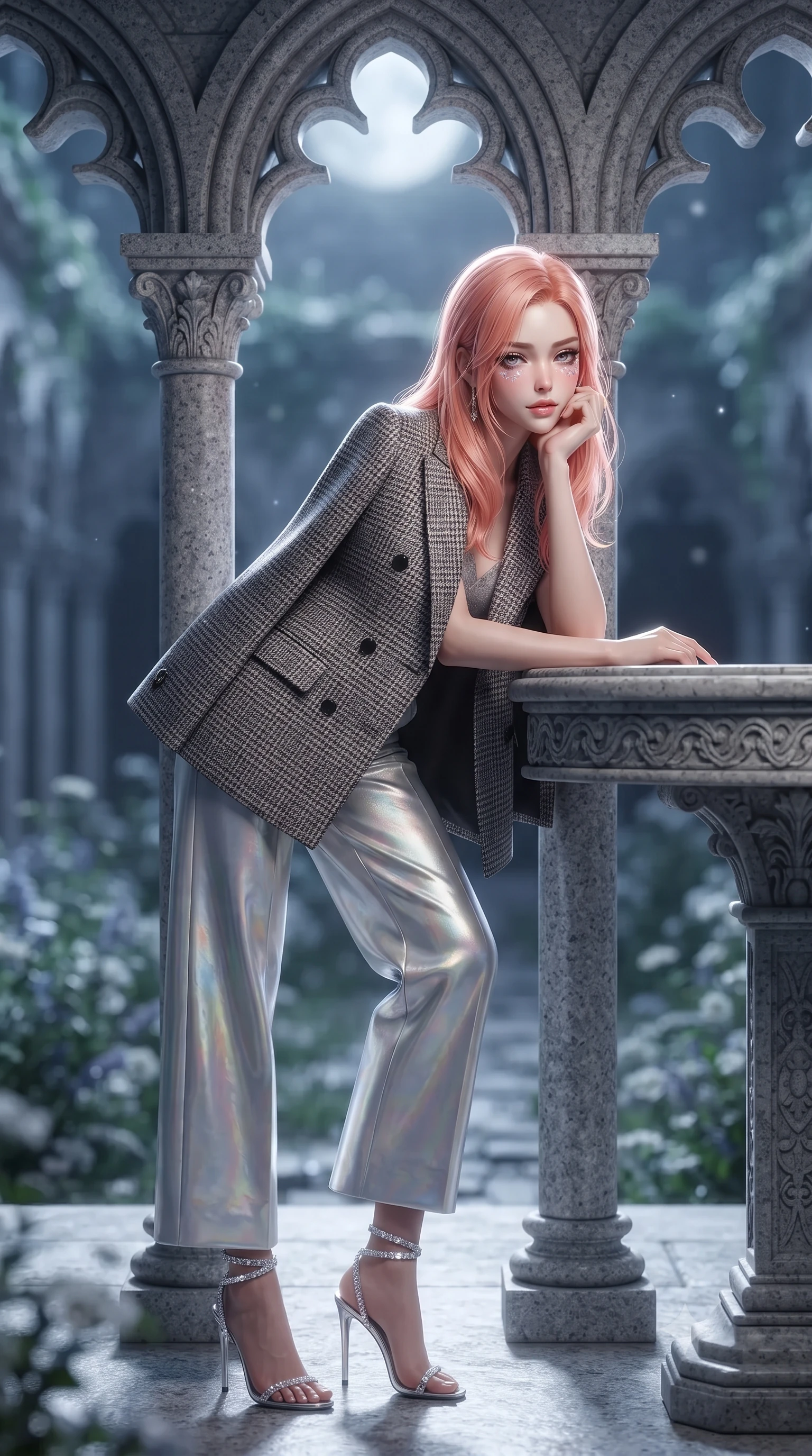 score_9, masterpiece, best quality, ultra-detailed, high-budget anime keyframe, editorial fashion photography, tasteful artistic composition, Japanese woman. close-up cowboy shot from the waist and thighs up, the character dominates the composition, filling the frame with her large presence. resting one elbow on the table and supporting her chin, leaning close to the camera with heavy-lidded sparkling eyes and parted lips while leaning against the slender double-fluted granite column with hips cocked back, looking through open carved trefoil arches with smoldering bedroom-eyes. The background shows a soft-focus endless rhythm of slender granite columns in staggered double rows, medieval medicinal herb garden, and vast moonlit tidal bay blurred into silver, slate, and sapphire bokeh. She has an exceptionally elegant, slender, and willowy female figure with an ultra-slim waist, flat toned midriff, narrow ribcage, and sculpted feminine hips creating an alluring, slim hourglass silhouette without bulk. sharp v-shaped jawline, high-bridge nose, intricate jewel-like sparkling eyes with depth, thick eyelashes, glossy parted lips with a natural peach sheen, bright cheerful beaming smile with an enchanting and coquettish sensual glint, exuding both youthful cute charm and seductive allure, flawlessly proportioned anatomical accuracy, strict slender model proportions, natural body alignment, perfectly sculpted long slender limbs, ultra-slim waistline, clean dynamic posture without body distortion. wearing a tailored Scottish Harris tweed double-breasted cape coat paired with wide-leg tailored wool trousers in iridescent mother-of-pearl and liquid molten silver, crafted from bespoke double-faced cashmere with an exceptionally soft tactile finish, complemented by strappy stiletto sandals with crystal ankle wraps accentuating her slender calves, the bespoke structured tailoring following the natural line of her 8.5-heads silhouette with refined elegance. illuminated by granite floor specular bounce and sharp platinum-silver rim lights defining her dewy collarbones, ultra-slim waist, and curvy hips. ultra-reflective glossy finish, specular highlights, rich textural contrasts, high-contrast stereoscopic depth, volumetric dynamic lighting, 2k, ultra detail, master piece, 9:16 ratio