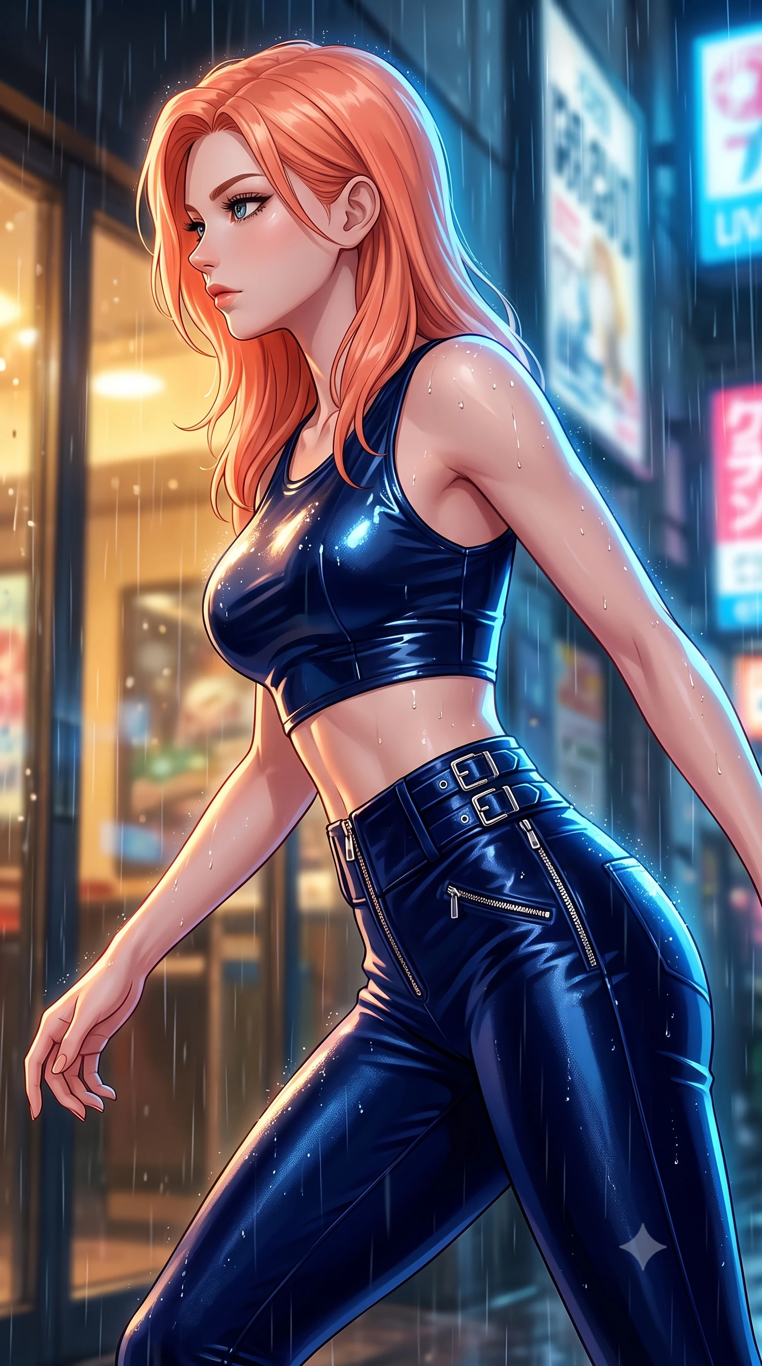 score_9, masterpiece, best quality, ultra-detailed, high-budget anime keyframe, editorial fashion photography, tasteful artistic composition, Japanese woman. close-up cowboy shot from the waist and thighs up, the character dominates the composition, filling the frame with her large presence, background elements kept in soft focus. Turning her face in sharp profile while her upper body leans forward with poised athletic grace while pivoting in a mid-stride turn as rain droplets glisten on her metallic outfit, wet glass surfaces casting glossy specular highlights from surrounding billboards. She has an exceptionally elegant, slender, and willowy female figure with an ultra-slim waist, a gracefully sculpted slender torso, and a refined silhouette. sharp v-shaped jawline, high-bridge nose, intricate jewel-like eyes with depth, thick eyelashes, glossy lips with a natural sheen, flawlessly proportioned anatomical accuracy, natural body alignment, perfectly sculpted elegant limbs, clean dynamic posture without body distortion. wearing a glossy vinyl crop top and high-waist tailored leggings with sleek zippers in midnight navy blue and chrome trim, made of premium stretch velvet with a rich sheen, detailed with polished silver buckles along the waistline, the sleek second-skin texture accentuating her magnetic presence. illuminated by warm indoor golden light and cool rainy blue neon rim light. highly saturated vibrant anime colors, detailed shading with soft gradients, rich glossy textures, high-contrast stereoscopic depth, volumetric dynamic lighting, master piece, 9:16 ratio
