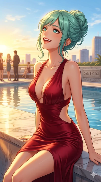 score_9, masterpiece, best quality, ultra-detailed, high-budget anime keyframe, vibrant anime aesthetic, Japanese woman. cowboy shot from the thighs up, character and outfit filling the frame for maximum presence. She is leaning back with a bright, w