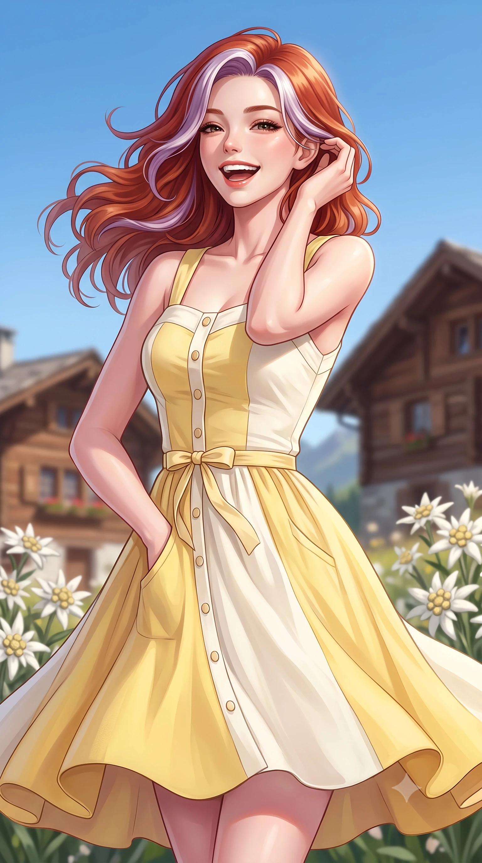 score_9, masterpiece, best quality, ultra-detailed, high-budget anime keyframe, semi-realistic 3D game render, editorial fashion photography, tasteful artistic composition, Caucasian woman. close-up cowboy shot from the waist and thighs up, the character dominates the composition, filling the frame with her large presence. tilting her head with a cute, youthful grin while brushing a stray strand of hair behind her ear with slender fingers while turning with a joyful laugh as the crisp alpine mountain breeze gently lifts her soft hair against the clear blue sky. The composition keeps background elements in soft focus with creamy bokeh. rustic timber mountain chalets and blooming edelweiss clusters softened in gentle atmospheric depth. She has an exceptionally elegant, slender, and willowy female figure with an ultra-slim waist, a gracefully sculpted slender torso, toned flat midriff, and a refined slim silhouette. sharp v-shaped jawline, high-bridge nose, intricate jewel-like eyes with depth, thick eyelashes, glossy lips with a natural sheen, pure and lovely fresh girlhood expression, flawlessly proportioned anatomical accuracy, strict slender model proportions, natural body alignment, perfectly sculpted long slender limbs, ultra-slim waistline, clean dynamic posture without body distortion. wearing a vintage-inspired button-front cotton sundress with wide shoulder straps and side pockets in fresh buttercup yellow and clean cream white, made of fine lightweight chiffon with a soft fluid drape, accented with a dainty ribbon bow at the waistline, the tailored casual silhouette highlighting her fresh and youthful presence and perfectly proportioned slender frame. surrounded by a fresh, uplifting, and enchantingly pure alpine girlhood aura. highly saturated vibrant anime colors, detailed shading with soft gradients, rich glossy textures, high-contrast stereoscopic depth, volumetric dynamic lighting, master piece, 9:16 ratio