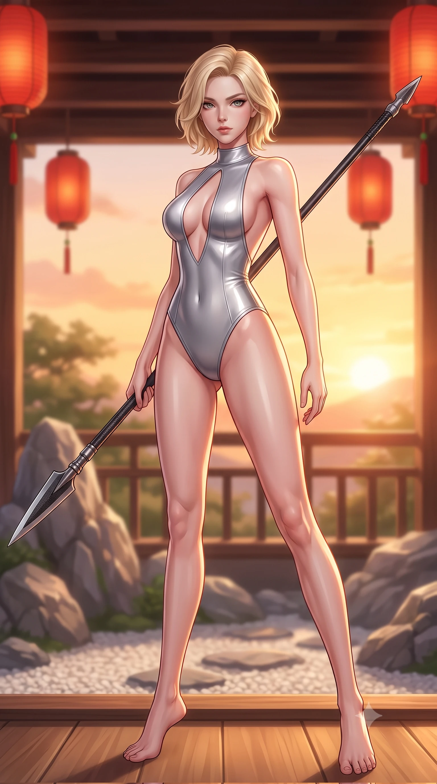 score_9, masterpiece, best quality, ultra-detailed, high-budget anime keyframe, editorial fashion photography, tasteful artistic composition, Caucasian woman. low angle full-body shot from head to toe showing her feet, filling the entire 9:16 vertical frame with her statuesque presence, stretching her vertical silhouette. standing in a dynamic combat stance with a carbon-fiber spear held diagonally, stretching her statuesque body, the background shows a soft-focus a rock garden balcony with red lanterns hanging from wooden beams in soft focus. She has an absolutely perfect, statuesque 8.5-heads proportion, an exceptionally tall and slender model-like female figure with impossibly long slender legs and an ultra-slim waist. sharp v-shaped jawline, high-bridge nose, intricate jewel-like eyes with depth, thick eyelashes, glossy lips with a natural sheen. wearing a form-contouring backless combat bodysuit in metallic silver, featuring a plunging keyhole cutout and low-cut back. warm sunset light casting a peaceful, cozy orange wash on her figure. highly saturated vibrant anime colors, detailed shading with soft gradients, rich glossy textures, high-contrast stereoscopic depth, volumetric dynamic lighting, master piece, 9:16 ratio