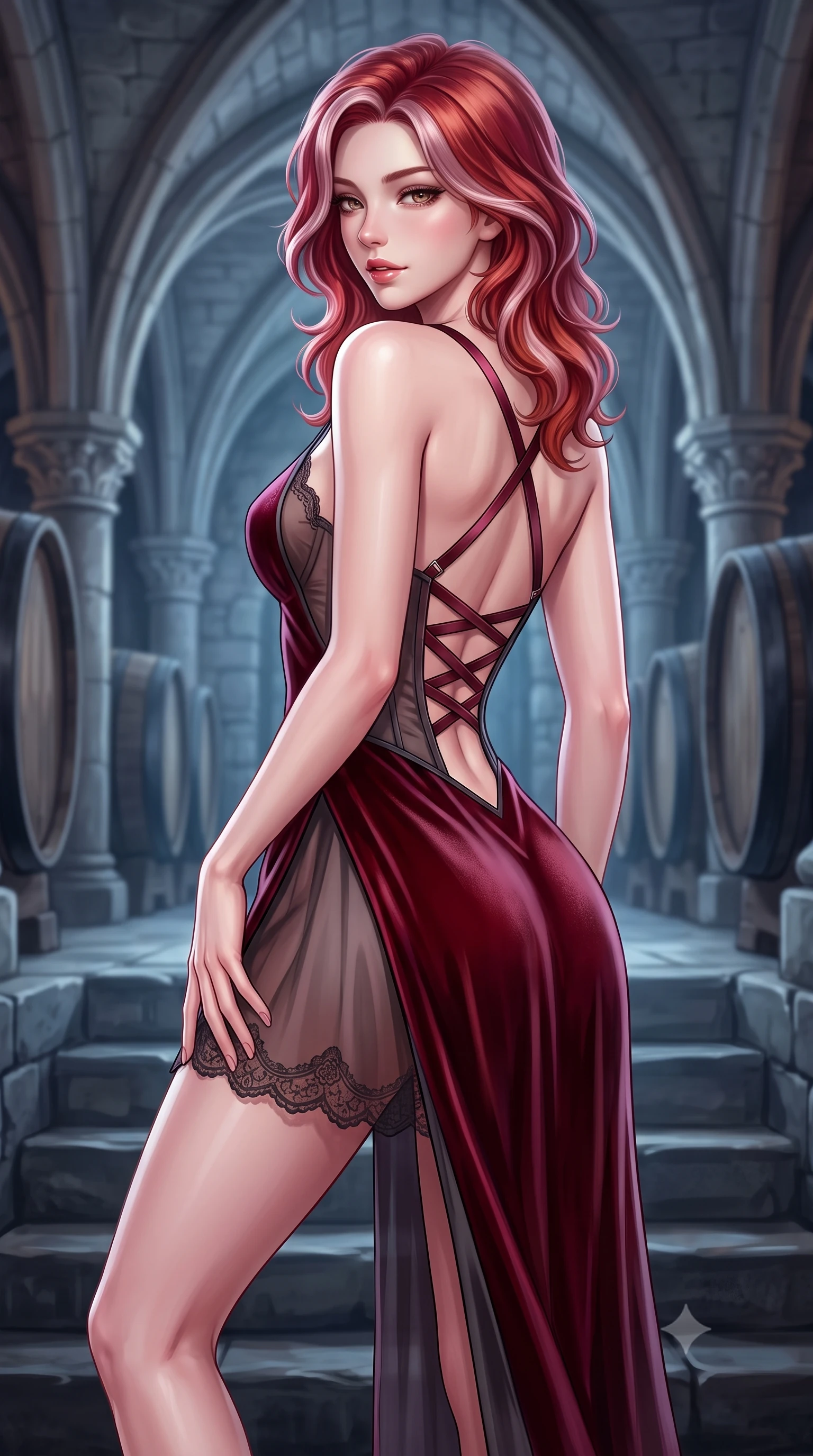 score_9, masterpiece, best quality, ultra-detailed, high-budget anime keyframe, semi-realistic 3D game render, editorial fashion photography, tasteful artistic composition, Caucasian woman. close-up cowboy shot from the waist and thighs up, the character dominates the composition, filling the frame with her large presence. posing in an alluring rear three-quarter angle, arching her lower back in a pronounced S-curve with one hand on her hip, glancing seductively over her bare shoulder with parted glossy lips while gliding down the cool stone cellar steps with supermodel poise, looking back over a bare shoulder with an intoxicating, aristocratic half-smile. The composition keeps background elements in soft focus with creamy bokeh. towering carved limestone vaults and heavy oak cask silhouettes softened in atmospheric shallow focus. She has an exceptionally elegant, slender, and willowy female figure with an ultra-slim waist, a gracefully sculpted slender torso, toned flat midriff, and rounded feminine hips creating an alluring hourglass silhouette. sharp v-shaped jawline, high-bridge nose, intricate jewel-like eyes with depth, thick eyelashes, glossy parted lips with a natural sheen, intensely captivating and seductive bedroom-eyes expression, flawlessly proportioned anatomical accuracy, strict slender model proportions, natural body alignment, perfectly sculpted long slender limbs, ultra-slim waistline, clean dynamic posture without body distortion. wearing a sheer vintage lace-trimmed slip dress layered under a sweeping silk velvet robe with high leg cut in rich Cabernet wine red and dark smoky charcoal, made of fluid silk crepe with delicate inner corsetry boning, finished with criss-cross back satin straps highlighting her graceful shoulder blades, the form-contouring material adhering flawlessly to her sculpted flat midriff and slender torso, emphasizing her long leg lines and perfectly proportioned willowy build. surrounded by an opulent, intimate, and dangerously intoxicating vintage wine empress aura. highly saturated vibrant anime colors, detailed shading with soft gradients, rich glossy textures, high-contrast stereoscopic depth, volumetric dynamic lighting, master piece, 9:16 ratio