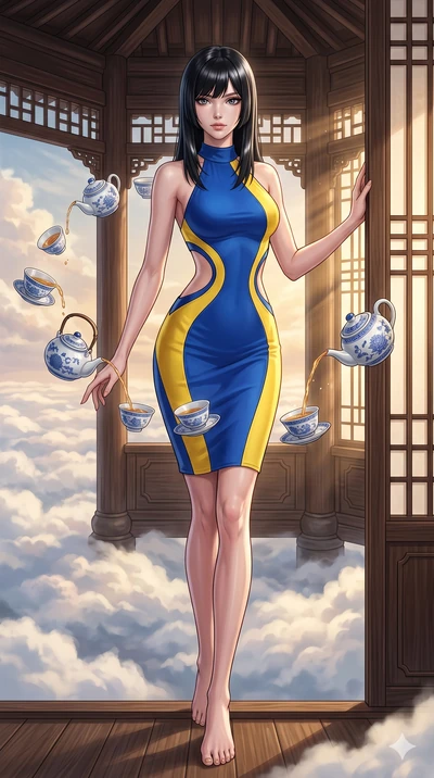 score_9, masterpiece, best quality, ultra-detailed, high-budget anime keyframe, editorial fashion photography, tasteful artistic composition, Caucasian woman, strictly human ears. low angle full-body shot from head to toe showing her feet, filling th