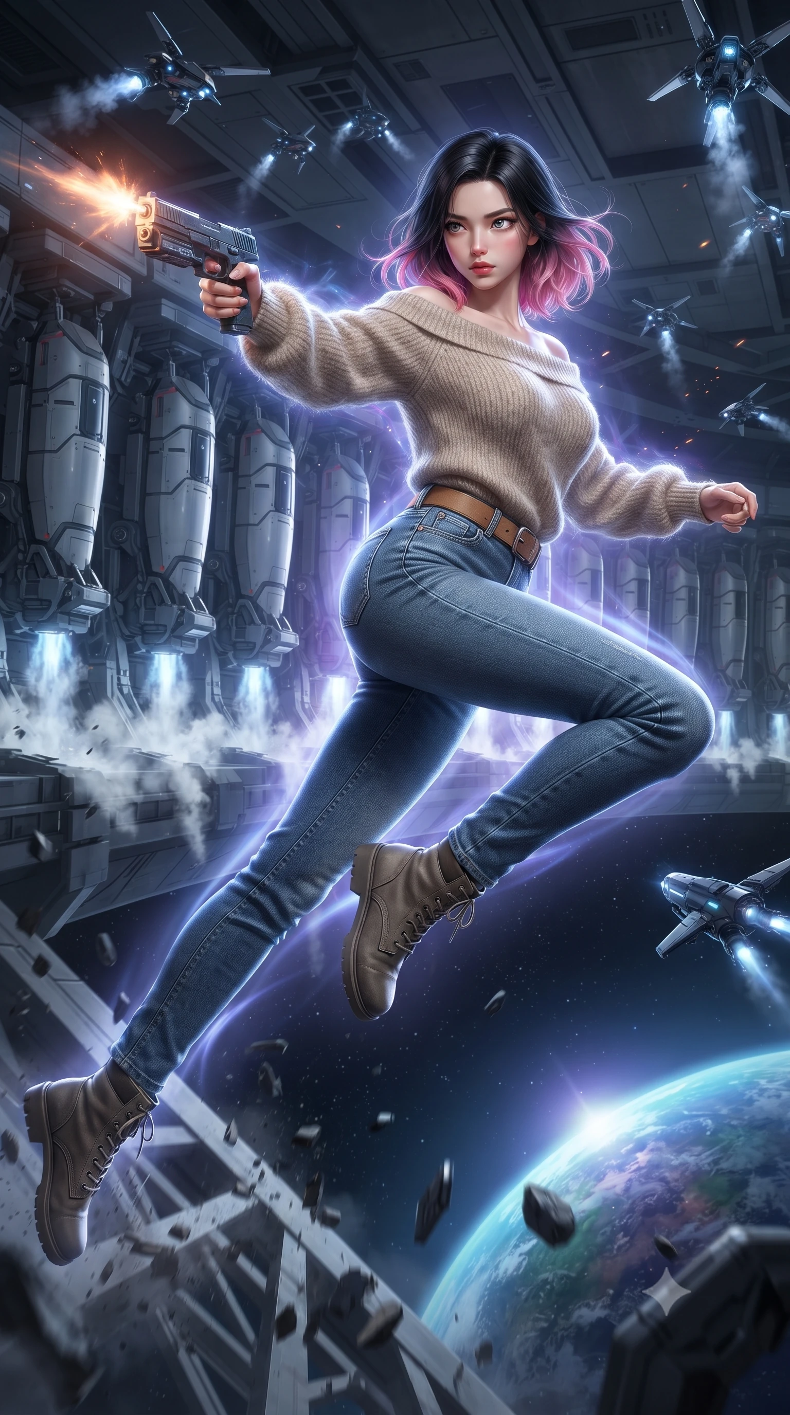 score_9, masterpiece, best quality, ultra-detailed, high-budget anime keyframe, editorial fashion photography, tasteful artistic composition, realistic cosplay photography, Korean woman. low angle full-body shot from head to toe showing her feet, filling the entire 9:16 vertical frame with her statuesque presence, stretching her vertical silhouette. leaping dynamically off a collapsing sky-bridge while firing back at security drones through a row of vertical drop-pods, steam venting from pneumatic clamps as they prepare to launch down to an alien planet. She has a statuesque 8.5-heads proportion, an exceptionally tall, slender and willowy model-like build with impossibly long legs and a highly sculpted ultra-slim waist. sharp v-shaped jawline, high-bridge nose, intricate jewel-like eyes with depth, thick eyelashes, glossy lips with a natural sheen. wearing the lightweight fabric rippling and billowing dramatically with her movement, a slim-fit oatmeal cashmere off-shoulder knit sweater layered over high-waisted raw blue denim and a camel suede belt. cool ethereal blue-violet bioluminescent glow wrapping around her from all sides. ultra-reflective glossy finish, specular highlights, metallic sheen, high-contrast stereoscopic depth, volumetric dynamic lighting, 2k, ultra detail, master piece, 9:16 ratio