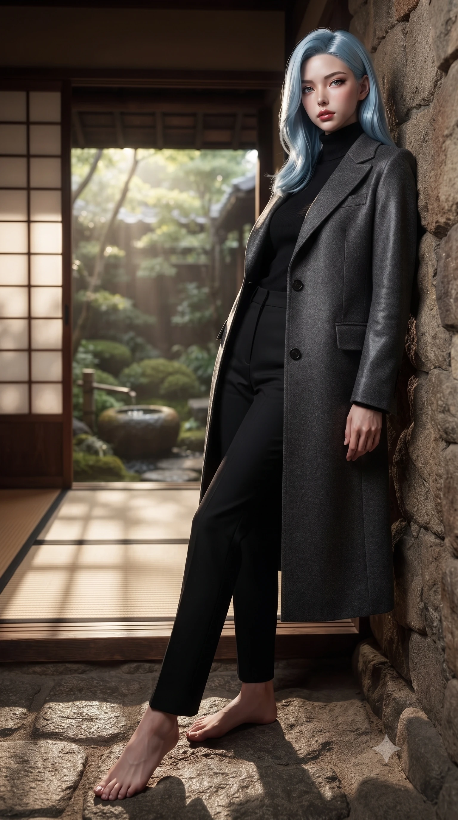 score_9, masterpiece, best quality, ultra-detailed, high-budget anime keyframe, editorial fashion photography, tasteful artistic composition, Korean woman. low angle full-body shot from head to toe showing her feet, filling the entire 9:16 vertical frame with her statuesque presence, stretching her vertical silhouette. leaning back against a rustic stone wall, casting a slow, alluring gaze at the camera the background shows a soft-focus a private moss garden veranda facing a small stone basin through sliding doors. She has an absolutely perfect, statuesque 8.5-heads proportion, an exceptionally tall and slender model-like female figure with impossibly long slender legs and an ultra-slim waist. sharp v-shaped jawline, high-bridge nose, intricate jewel-like eyes with depth, thick eyelashes, glossy lips with a natural sheen. wearing a form-contouring tailored wool trench coat in charcoal grey, worn closed over a black cashmere turtleneck and trousers. soft late afternoon sunrays casting long wooden grid shadows on the tatami. ultra-reflective glossy finish, specular highlights, metallic sheen, high-contrast stereoscopic depth, volumetric dynamic lighting, 2k, ultra detail, master piece, 9:16 ratio