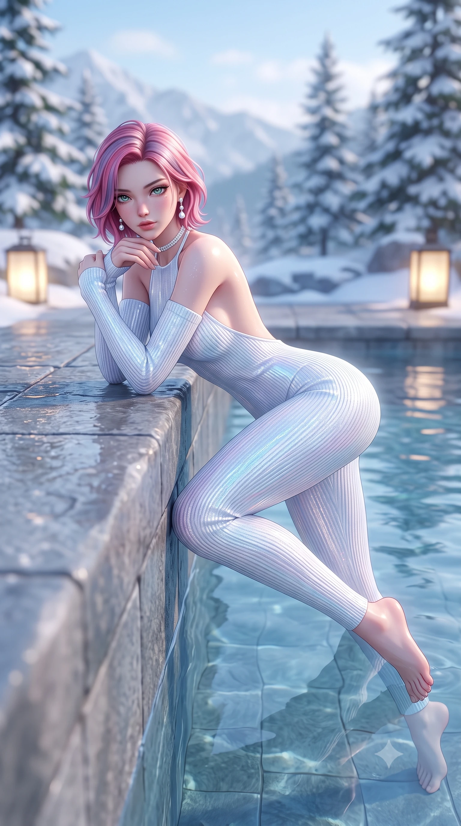 score_9, masterpiece, best quality, ultra-detailed, high-budget anime keyframe, semi-realistic 3D game render, editorial fashion photography, tasteful artistic composition, Caucasian woman. low angle full-body shot from head to toe showing her feet, filling the entire 9:16 vertical frame with her statuesque presence, stretching her vertical silhouette. reclining back languidly with one knee bent and spine arched in a breathtaking dancer line, commanding the entire 9:16 vertical frame while resting her chin on her crossed arms at the infinity pool's edge, gazing into the camera with bedroom-eyes. The composition keeps background elements in soft focus with creamy bokeh. snow-covered cedar pines and glowing outdoor lanterns softened in dreamy shallow focus. She has an absolutely perfect, statuesque 8.5-heads proportion, an exceptionally tall and slender model-like female figure with impossibly long slender legs, a toned flat midriff, and an ultra-slim waist. sharp v-shaped jawline, high-bridge nose, intricate jewel-like eyes with depth, thick eyelashes, glossy parted lips with a natural sheen, intensely captivating and seductive expression, flawlessly proportioned anatomical accuracy, strict slender model proportions, natural body alignment, perfectly sculpted long slender limbs, ultra-slim waistline, clean dynamic posture without body distortion. wearing a snug ribbed knit halter-neck catsuit with an open back and matching detachable arm warmers in crystalline holographic opal and pure white, crafted from shimmering metallic lamé reflecting frost like crushed ice, accessorized with pearl drop earrings and a delicate diamond choker, the form-contouring material adhering flawlessly to her sculpted flat midriff and slender torso, emphasizing her long leg lines and perfectly proportioned willowy build. surrounded by an intimate, tranquil, and deeply sensual mountain onsen muse aura. highly saturated vibrant anime colors, detailed shading with soft gradients, rich glossy textures, high-contrast stereoscopic depth, volumetric dynamic lighting, master piece, 9:16 ratio