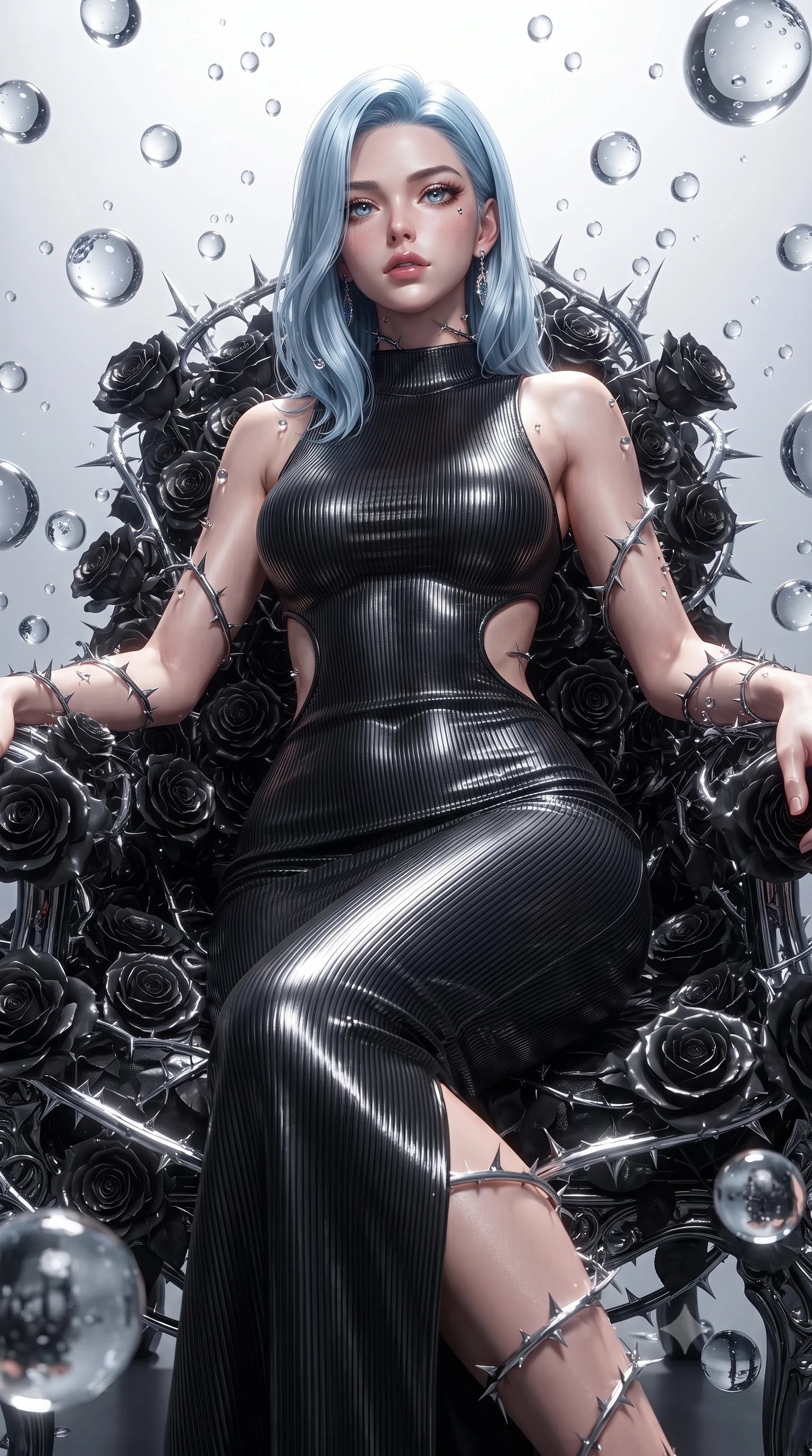 score_9, masterpiece, best quality, ultra-detailed, High-budget Anime Keyframe, editorial fashion photography, tasteful artistic composition, realistic cosplay photography, East Asian woman. Low angle cowboy shot filling the entire 9:16 frame with her statuesque presence. Scenario 328: resting on a throne of black roses, thorns grazing her skin, in a zero-gravity sanctuary filled with floating water spheres. Her presence is magnetic and overpowering in this high-budget cinematic scene. Outfit 328: a body-hugging ribbed bodycon knit long with a strategic side cut-outs and tight-fitting silhouette. The clothing is designed to emphasize her exceptionally tall and slender 8-heads proportion. 8-heads proportion, towering silhouette, ultra-slim waist. sharp v-shaped jawline, intricate jewel-like eyes with depth, thick eyelashes, glossy lips. ultra-reflective glossy finish, specular highlights, metallic sheen, high-contrast stereoscopic depth, volumetric dynamic lighting, 2k, ultra detail, master piece, 9:16 ratio