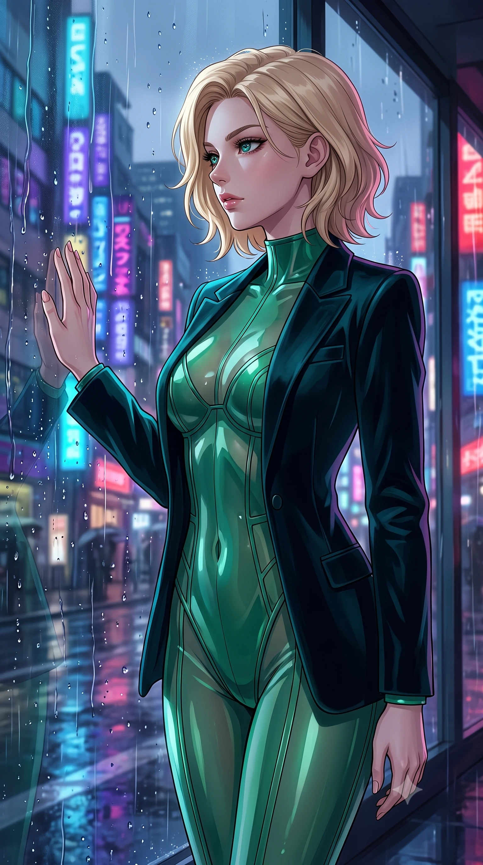 score_9, masterpiece, best quality, ultra-detailed, High-budget Anime Keyframe, Caucasian woman, strictly human ears. Dynamic full-body shot stretching the vertical silhouette to the limit. Scenario 451: looking out at the rain through a wet glass window near a glowing neon window at twilight with soft rain falling. Her presence is magnetic and overpowering in this high-budget anime scene. Outfit 451: a form-contouring emerald green translucent PVC bodysuit layered under a structured velvet blazer. The clothing is designed to emphasize her exceptionally tall and slender 8-heads proportion. 8-heads proportion, towering silhouette, ultra-slim waist. sharp v-shaped jawline, intricate jewel-like eyes with depth, thick eyelashes, glossy lips. 2k, ultra detail, master piece, 9:16 ratio