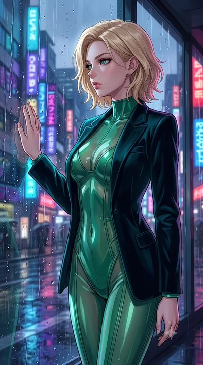 score_9, masterpiece, best quality, ultra-detailed, High-budget Anime Keyframe, Caucasian woman, strictly human ears. Dynamic full-body shot stretching the vertical silhouette to the limit. Scenario 451: looking out at the rain through a wet glass wi