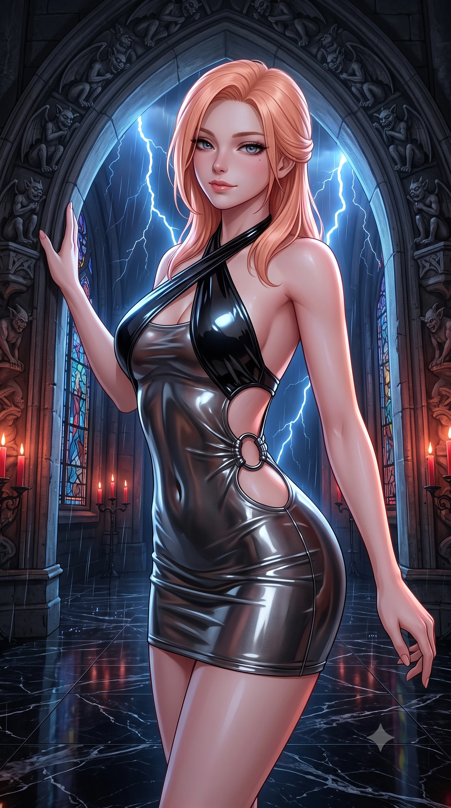 score_9, masterpiece, best quality, ultra-detailed, high-budget anime keyframe, semi-realistic 3D game render, editorial fashion photography, tasteful artistic composition, Japanese woman. close-up cowboy shot from the waist and thighs up, the character dominates the composition, filling the frame with her large presence. stretching forward with an alluring arch of her spine, glancing over her shoulder with heavy lashes and an intoxicating, seductive half-smile while resting against a soaring stone archway with a dangerous, predatory smolder gazing directly into the lens beneath stormy shadows. The surrounding environment is rendered in vivid detail and crisp panoramic clarity. intricate stone gargoyle carvings, polished black marble floor veins, and sharp rain droplet streaks on stained glass in deep focus. She has an exceptionally elegant, slender, and willowy female figure with an ultra-slim waist, a gracefully sculpted slender torso, toned flat midriff, and a refined slim silhouette. sharp v-shaped jawline, high-bridge nose, intricate jewel-like eyes with depth, thick eyelashes, glossy lips with a natural sheen, flawlessly proportioned anatomical accuracy, strict slender model proportions, natural body alignment, perfectly sculpted long slender limbs, ultra-slim waistline, clean dynamic posture without body distortion. wearing a molten gunmetal liquid-metal mini dress featuring deep side-waist cutouts and a daring crossover halter neckline in high-gloss lacquer black and electric emerald highlights, tailored from semi-translucent dark cybernetic vinyl with subtle glowing micro-filaments, detailed with polished gunmetal rings connecting the daring side-waist cutouts, the glove-like aerodynamic second-skin fit tightly clinging to her ultra-slender waist and athletic curves without adding bulk, accentuating her razor-sharp statuesque lines and slim hourglass silhouette. bathed in dramatic blue lightning flashes and warm flickering crimson candlelight backlighting. rich saturated anime colors with deep moody shadows, detailed chiaroscuro shading with soft gradients, rich glossy textures, high-contrast stereoscopic depth, volumetric dynamic shadow lighting, master piece, 9:16 ratio