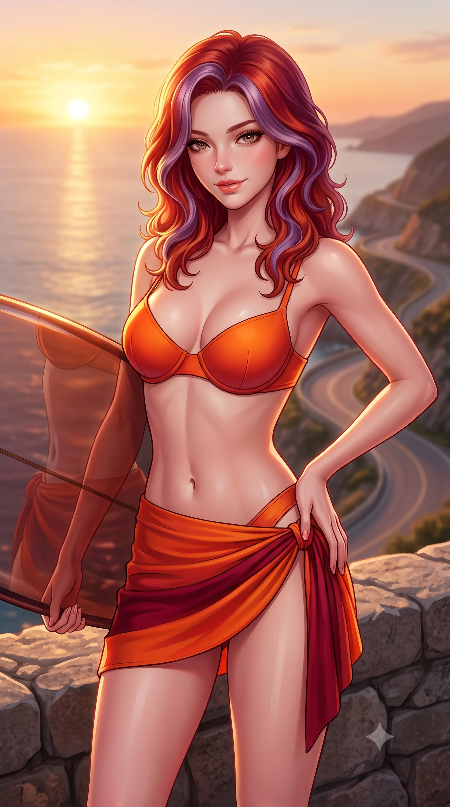 score_9, masterpiece, best quality, ultra-detailed, high-budget anime keyframe, semi-realistic 3D game render, editorial fashion photography, tasteful artistic composition, Caucasian woman. close-up cowboy shot from the waist and thighs up, the character dominates the composition, filling the frame with her large presence. tilting her head with a teasing half-smile, running one hand slowly down the side of her hip in a flirtatious S-curve as ambient light caresses her silhouette while standing at the dizzying cliffside stone wall high above the sea, arching her back with breathtaking freedom as the sun sinks into the sea. The background shows a soft-focus winding coastal serpentine roads softened in dramatic sunset cliff shallow focus. She has an exceptionally elegant, slender, and willowy female figure with an ultra-slim waist, flat toned midriff, narrow ribcage, and sculpted feminine hips creating an alluring, slim hourglass silhouette without bulk. sharp v-shaped jawline, high-bridge nose, sparkling eyes with hypnotic seductive depth, thick curled eyelashes, glossy parted lips with a natural dewy peach sheen, alluring bedroom-eyes with an enchanting coquettish smile, exuding magnetic siren charisma and sophisticated glamour, flawlessly proportioned anatomical accuracy, strict slender model proportions, natural body alignment, perfectly sculpted long slender limbs, ultra-slim waistline, clean dynamic posture without body distortion. wearing a structured underwire bikini bustier top paired with an ultra-short draped sarong wrap mini skirt in blazing desert sunset orange and deep canyon crimson, crafted from smooth liquid-tight stretch jersey emphasizing every curve of her body, accented with a custom high-gloss tinted surfboard held lightly with one hand, the form-contouring silhouette accentuating her sculpted flat midriff, narrow delicate ribcage, and gracefully curvy hips with intoxicating allure. bathed in molten golden hour sunset light flooding horizontally across the sea cliffs. highly saturated vibrant anime colors, detailed shading with soft gradients, rich glossy textures, high-contrast stereoscopic depth, volumetric dynamic lighting, master piece, 9:16 ratio